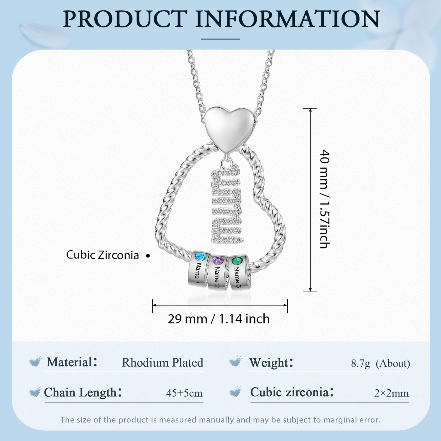 Personalized Love Necklace Customized With 3 Names and 3 Birthstones Pendant Necklace for Mum | Jessmade