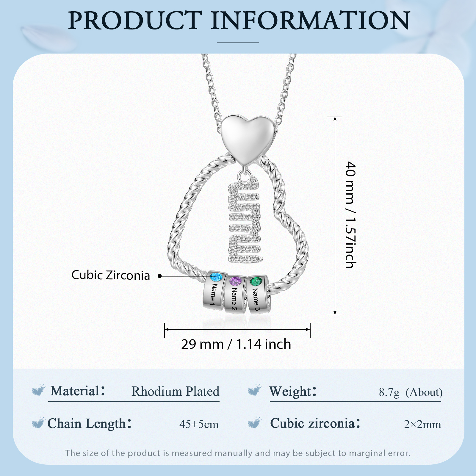 Personalized Love Necklace Customized With 3 Names and 3 Birthstones Pendant Necklace for Mum | Jessmade
