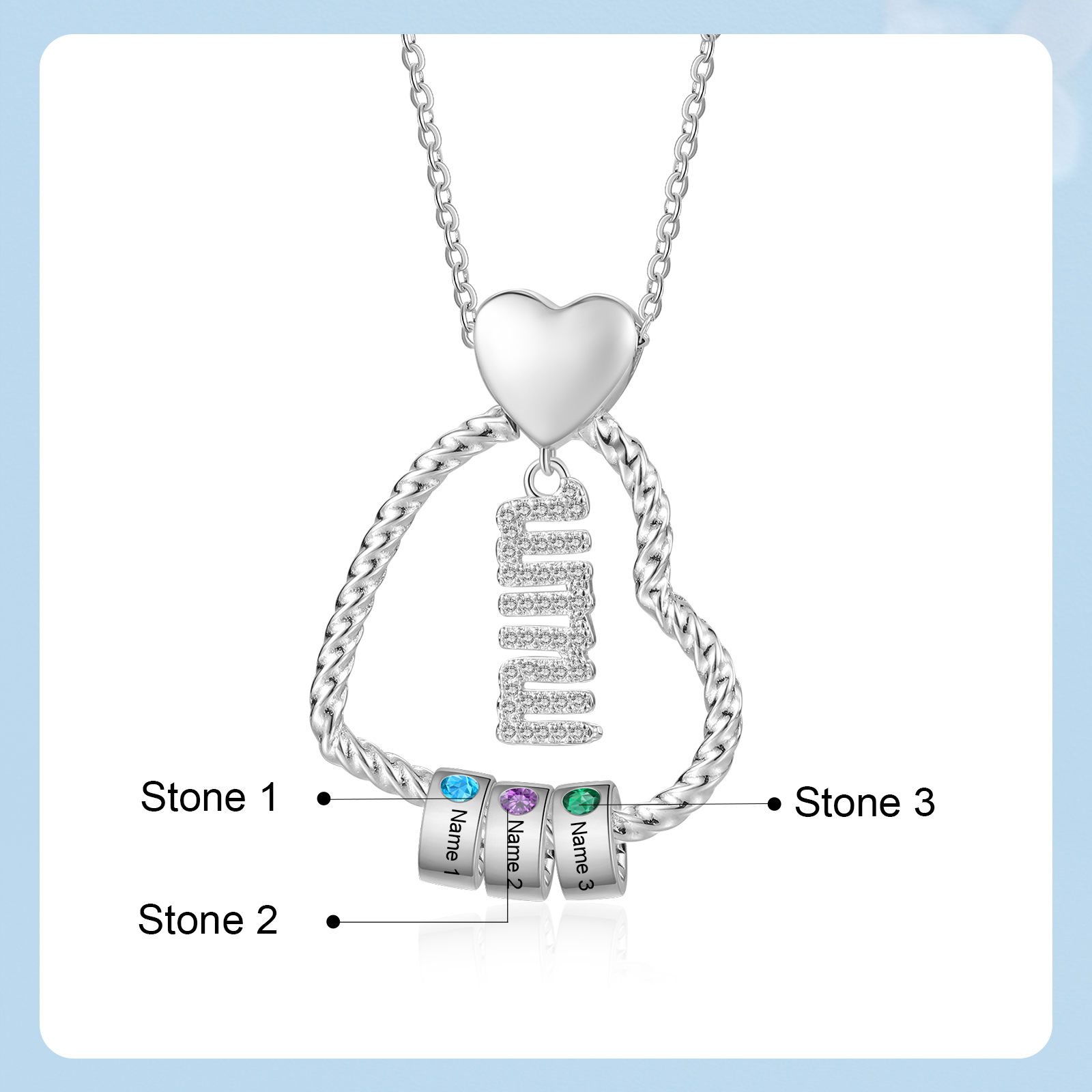 Personalized Love Necklace Customized With 3 Names and 3 Birthstones Pendant Necklace for Mum | Jessmade