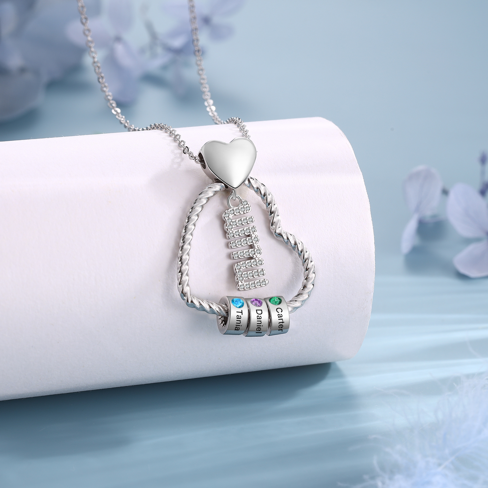 Personalized Love Necklace Customized With 3 Names and 3 Birthstones Pendant Necklace for Mum | Jessmade