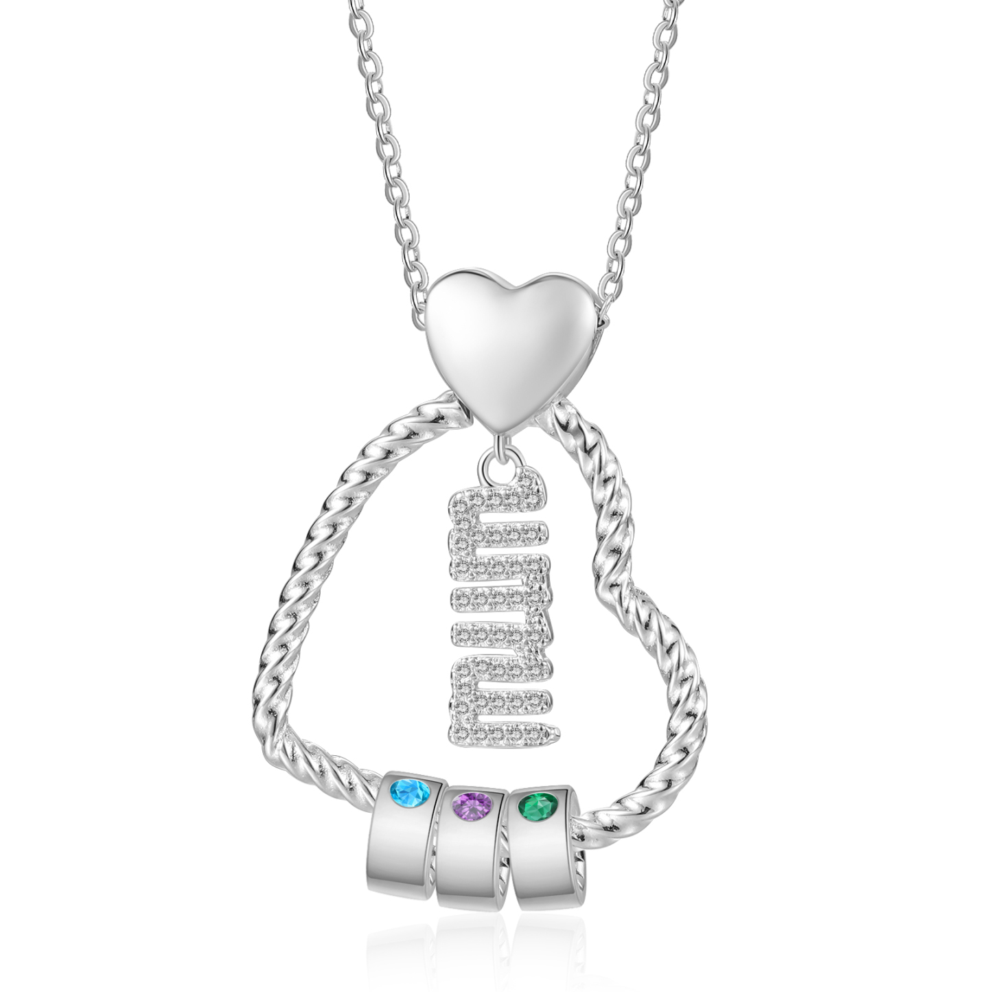 Personalized Love Necklace Customized With 3 Names and 3 Birthstones Pendant Necklace for Mum | Jessmade