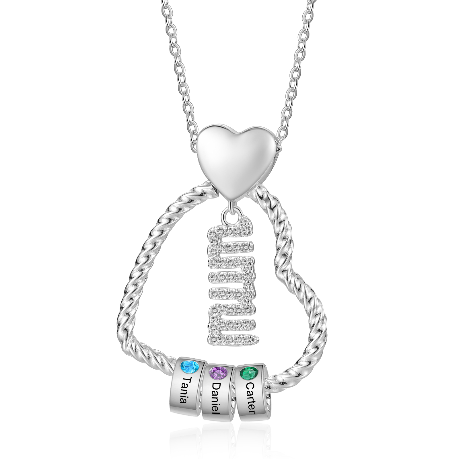 Personalized Love Necklace Customized With 3 Names and 3 Birthstones Pendant Necklace for Mum | Jessmade