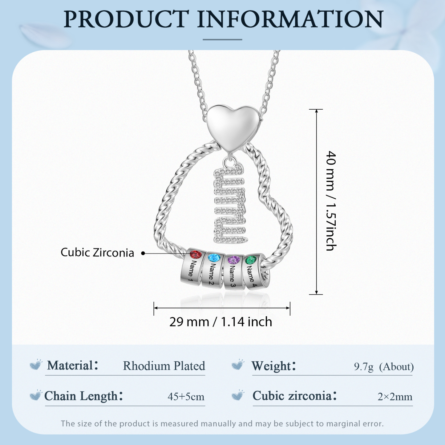 Personalized Love Necklace Customized With 4 Names and 4 Birthstones Pendant Necklace for Mum | Jessmade