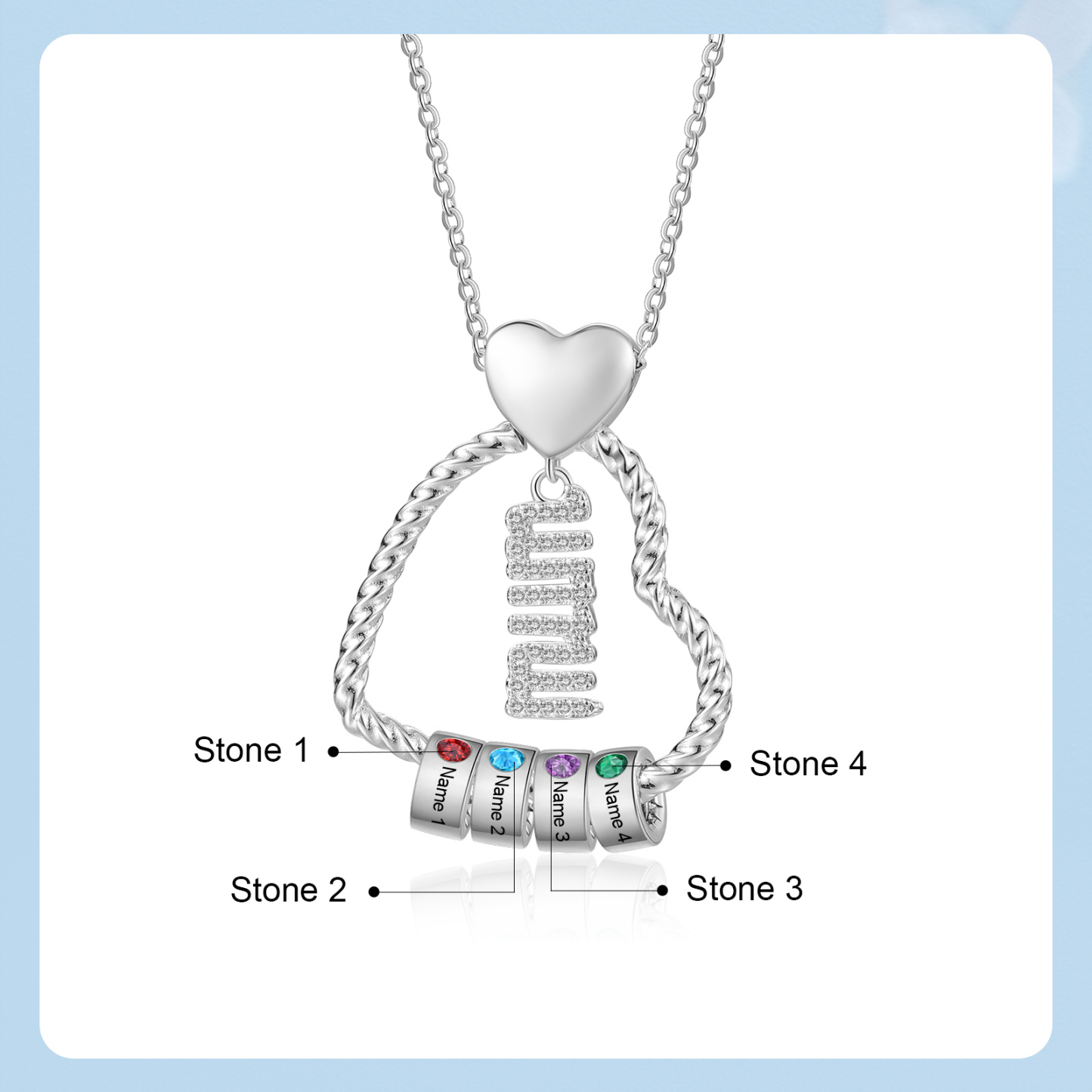 Personalized Love Necklace Customized With 4 Names and 4 Birthstones Pendant Necklace for Mum | Jessmade