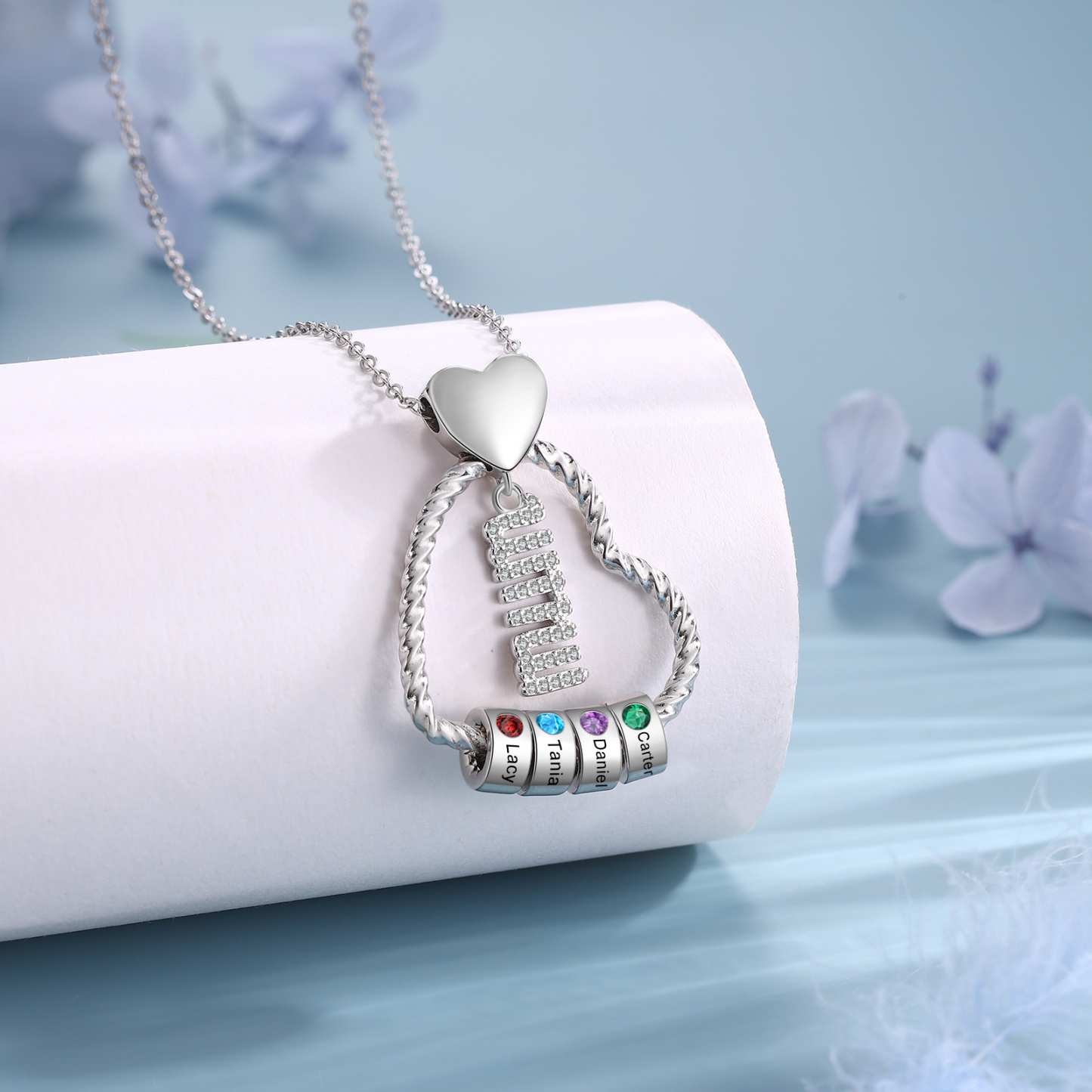 Personalized Love Necklace Customized With 4 Names and 4 Birthstones Pendant Necklace for Mum | Jessmade