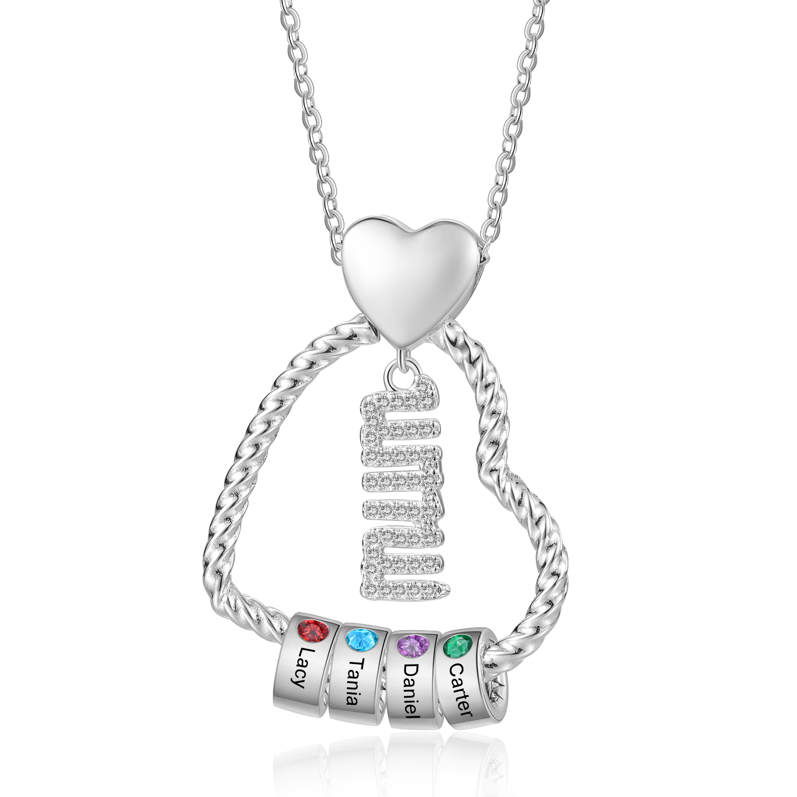Personalized Love Necklace Customized With 4 Names and 4 Birthstones Pendant Necklace for Mum | Jessmade