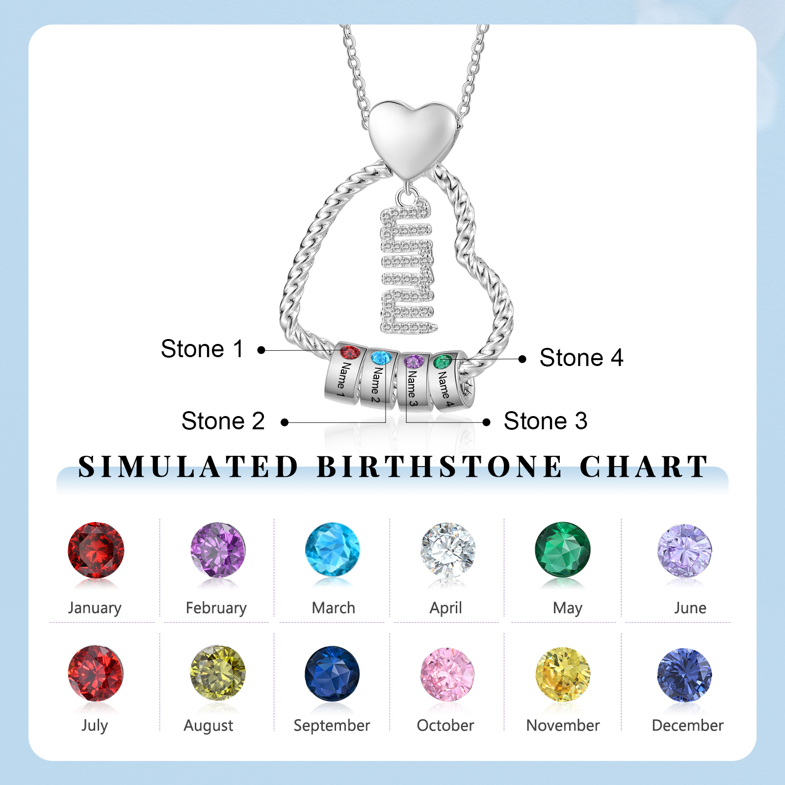 Personalized Love Necklace Customized With 4 Names and 4 Birthstones Pendant Necklace for Mum | Jessmade