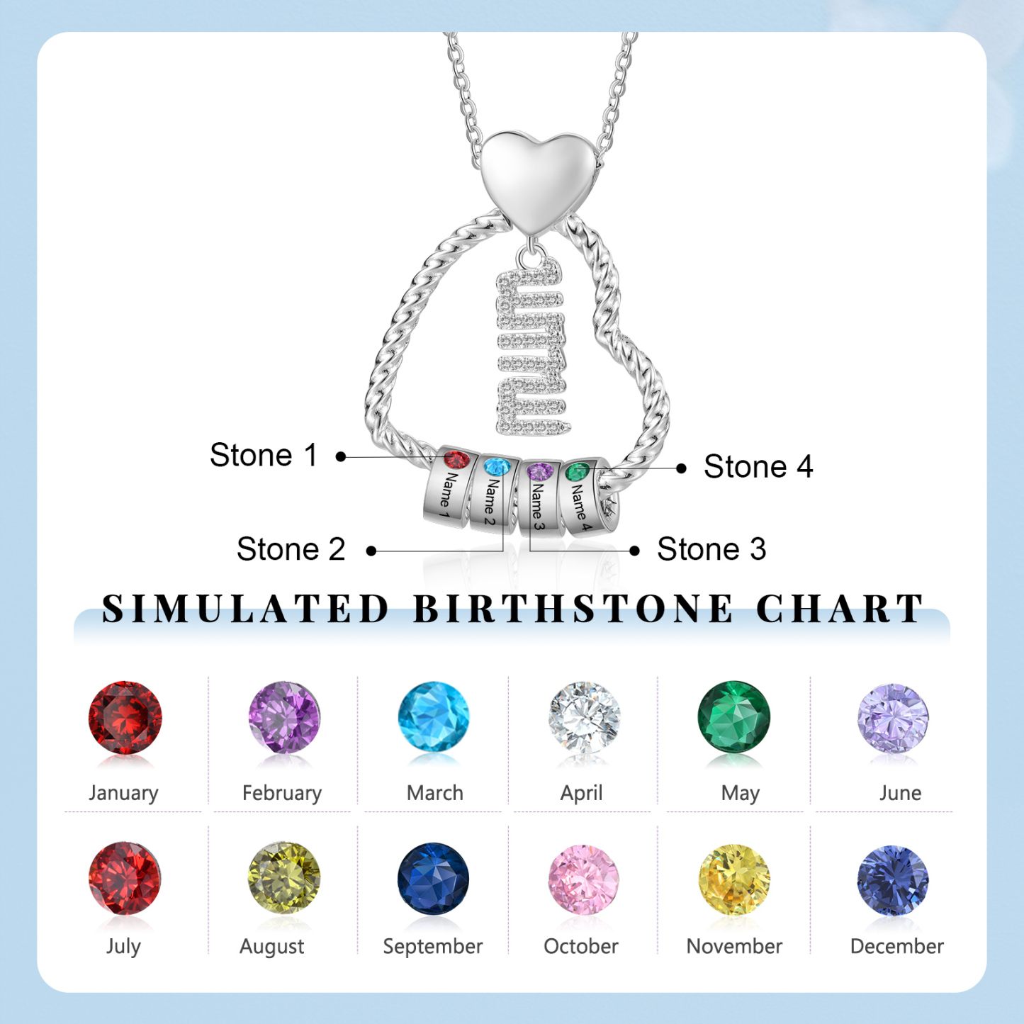Personalized Love Necklace Customized With 4 Names and 4 Birthstones Pendant Necklace for Mum | Jessmade