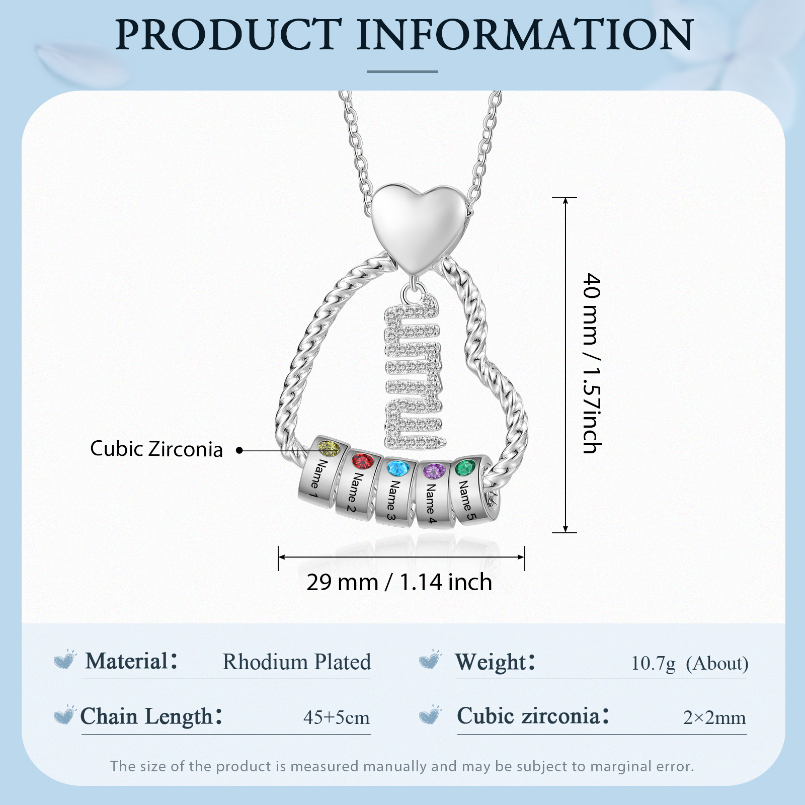 Personalized Love Necklace Customized With 5 Names and 5 Birthstones Pendant Necklace for Mum | Jessmade