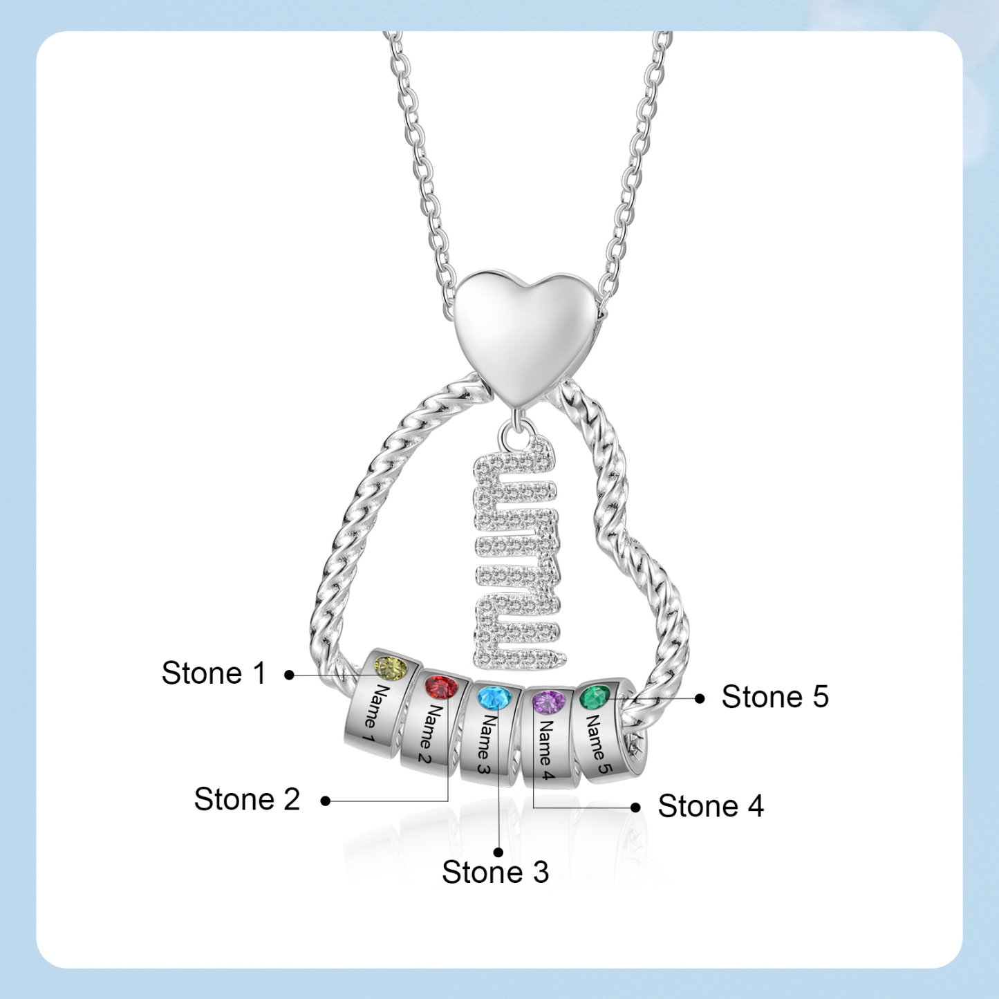 Personalized Love Necklace Customized With 5 Names and 5 Birthstones Pendant Necklace for Mum | Jessmade