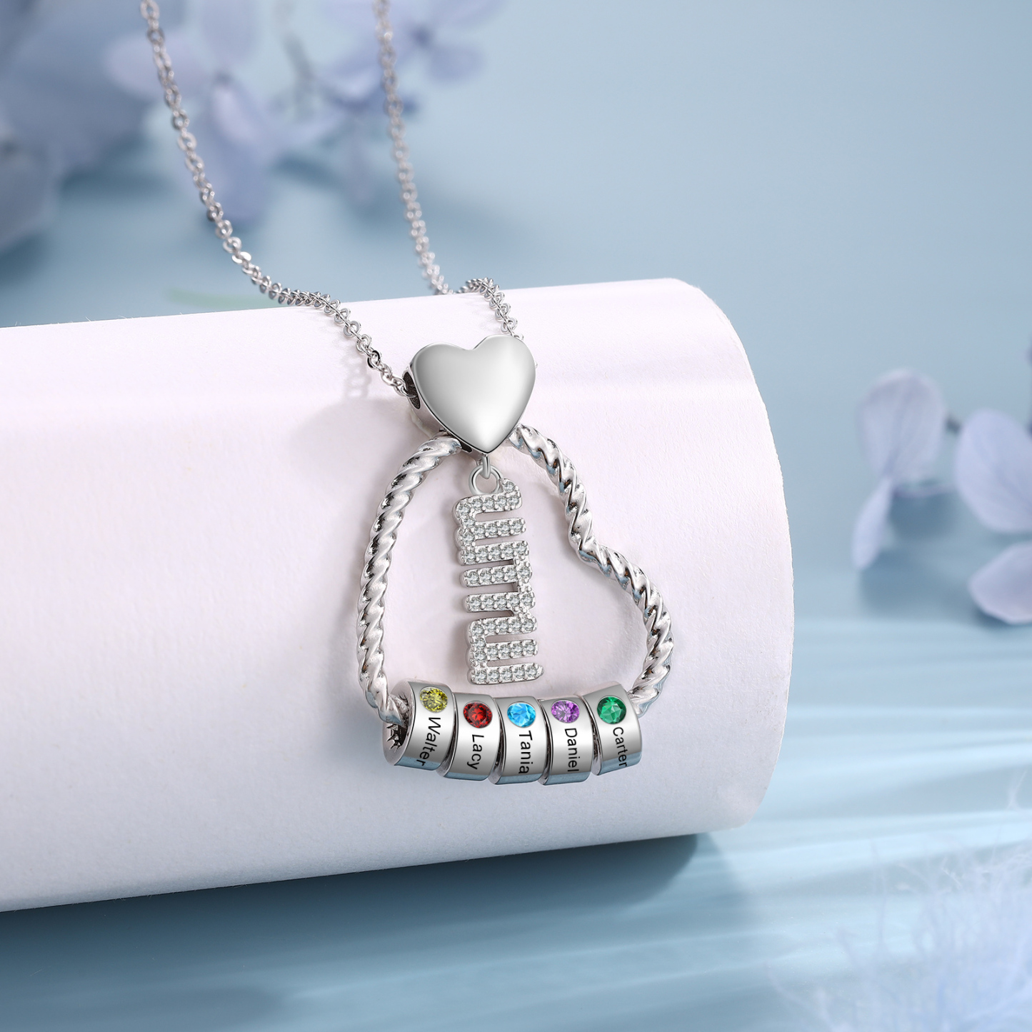 Personalized Love Necklace Customized With 5 Names and 5 Birthstones Pendant Necklace for Mum | Jessmade