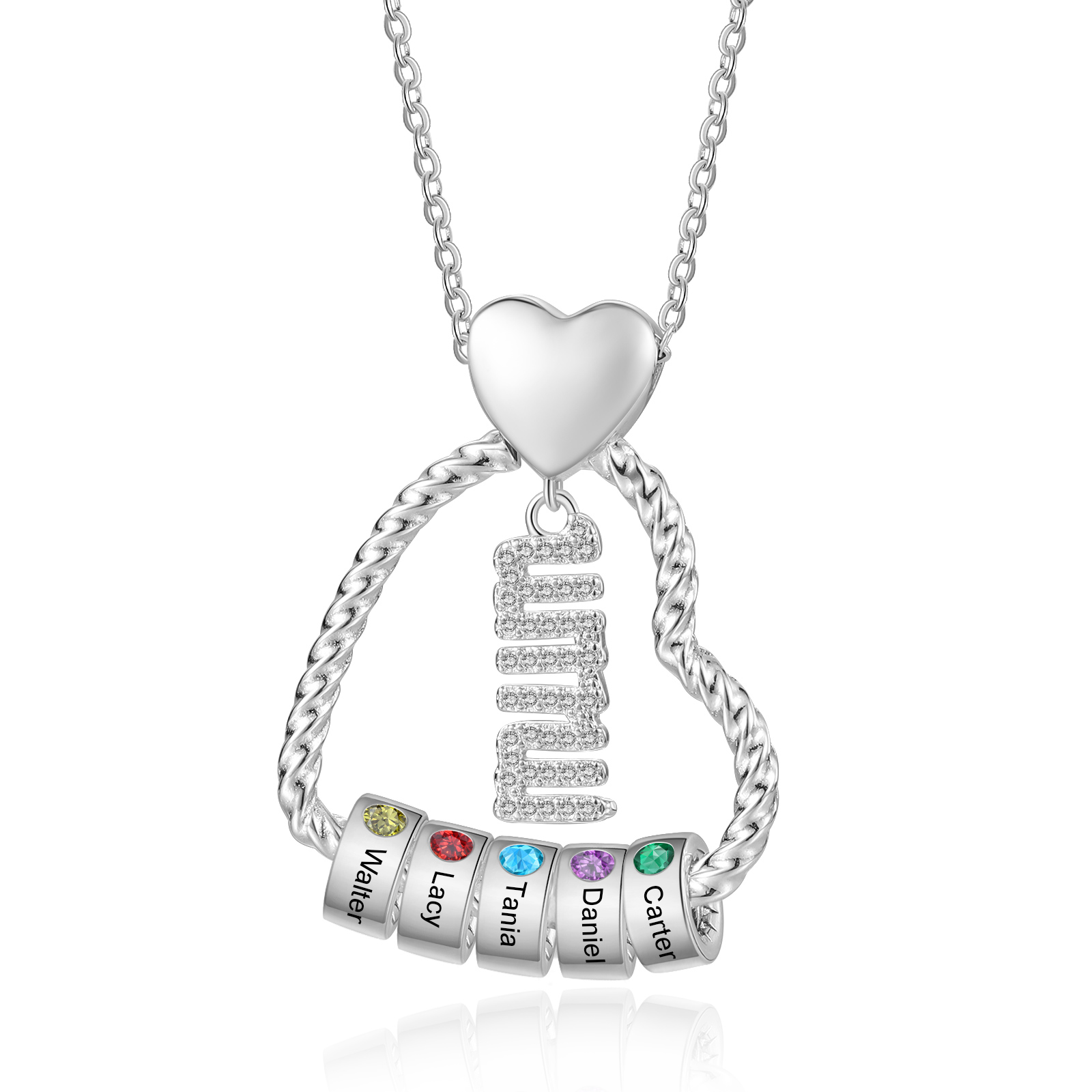 Personalized Love Necklace Customized With 5 Names and 5 Birthstones Pendant Necklace for Mum | Jessmade