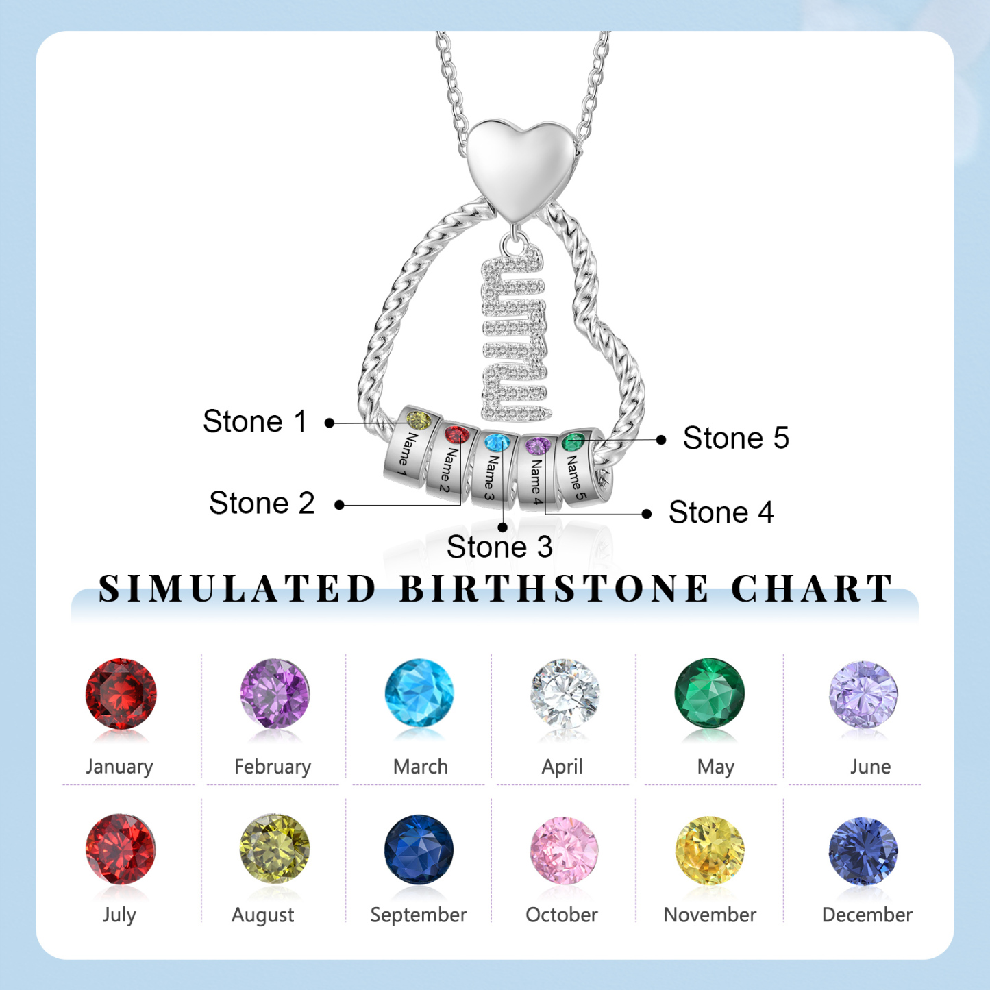 Personalized Love Necklace Customized With 5 Names and 5 Birthstones Pendant Necklace for Mum | Jessmade