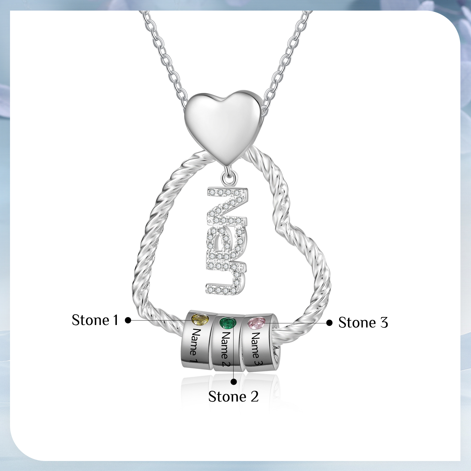 Personalised Heart Shaped Nan Necklace Customized With 3 Names and 3 Birthstones Pendant Necklace Gift for Nan | Jessmade