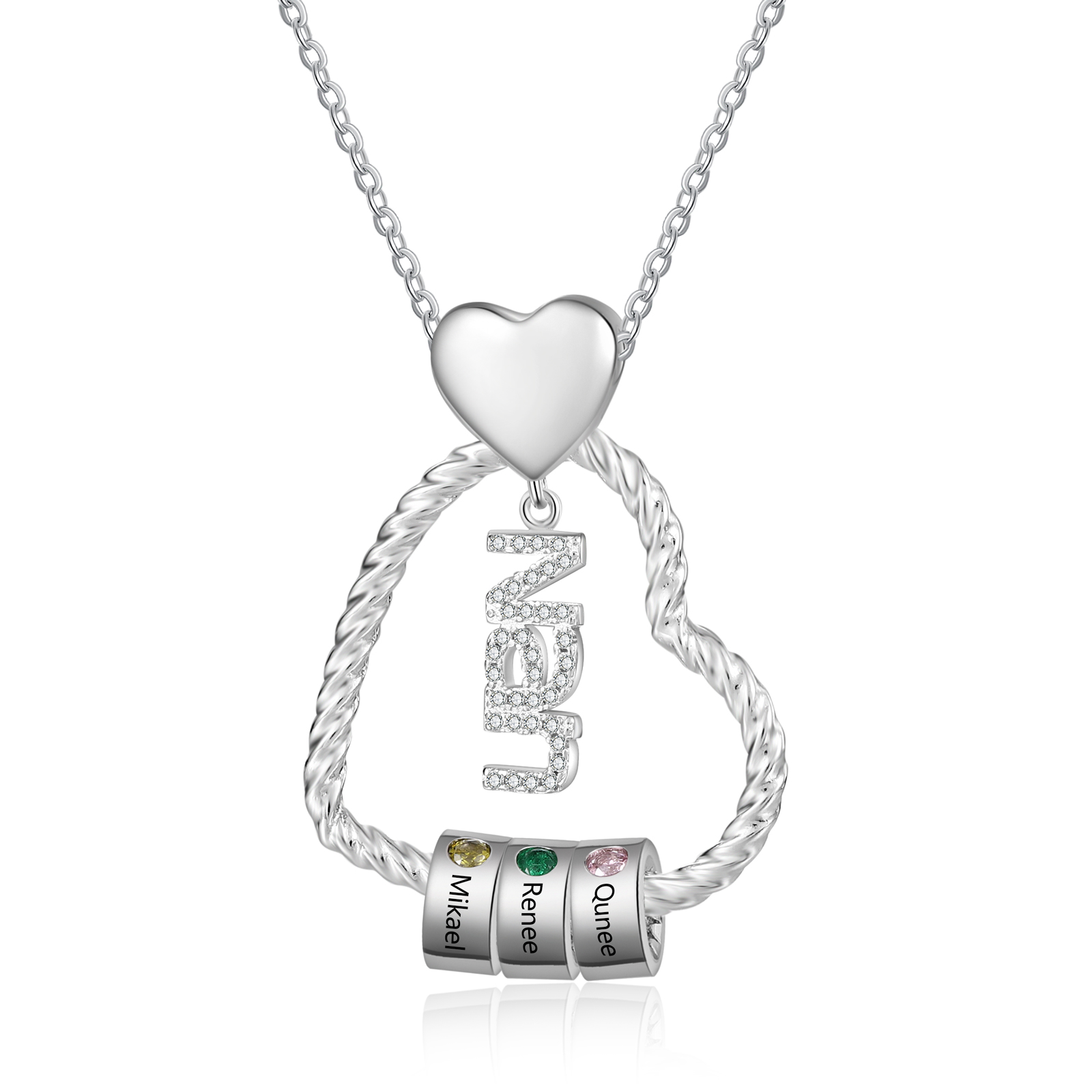 Personalised Heart Shaped Nan Necklace Customized With 3 Names and 3 Birthstones Pendant Necklace Gift for Nan | Jessmade