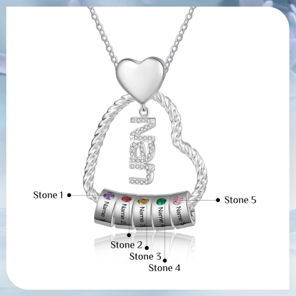 Personalised Heart Shaped Nan Necklace Customized With 5 Names and 5 Birthstones Pendant Necklace Gift for Nan | Jessmade