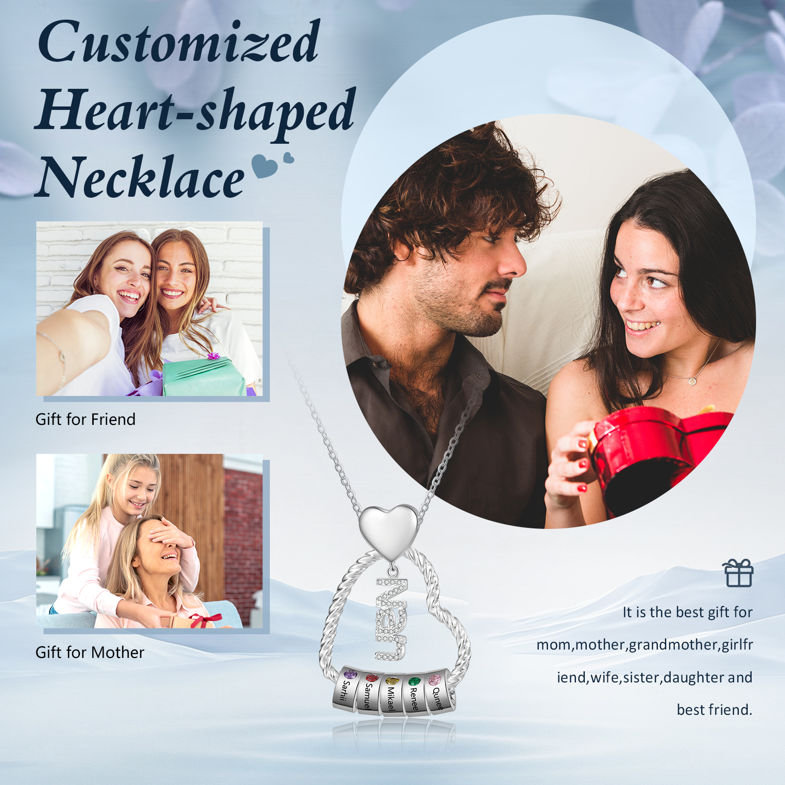 Personalised Heart Shaped Nan Necklace Customized With 5 Names and 5 Birthstones Pendant Necklace Gift for Nan | Jessmade