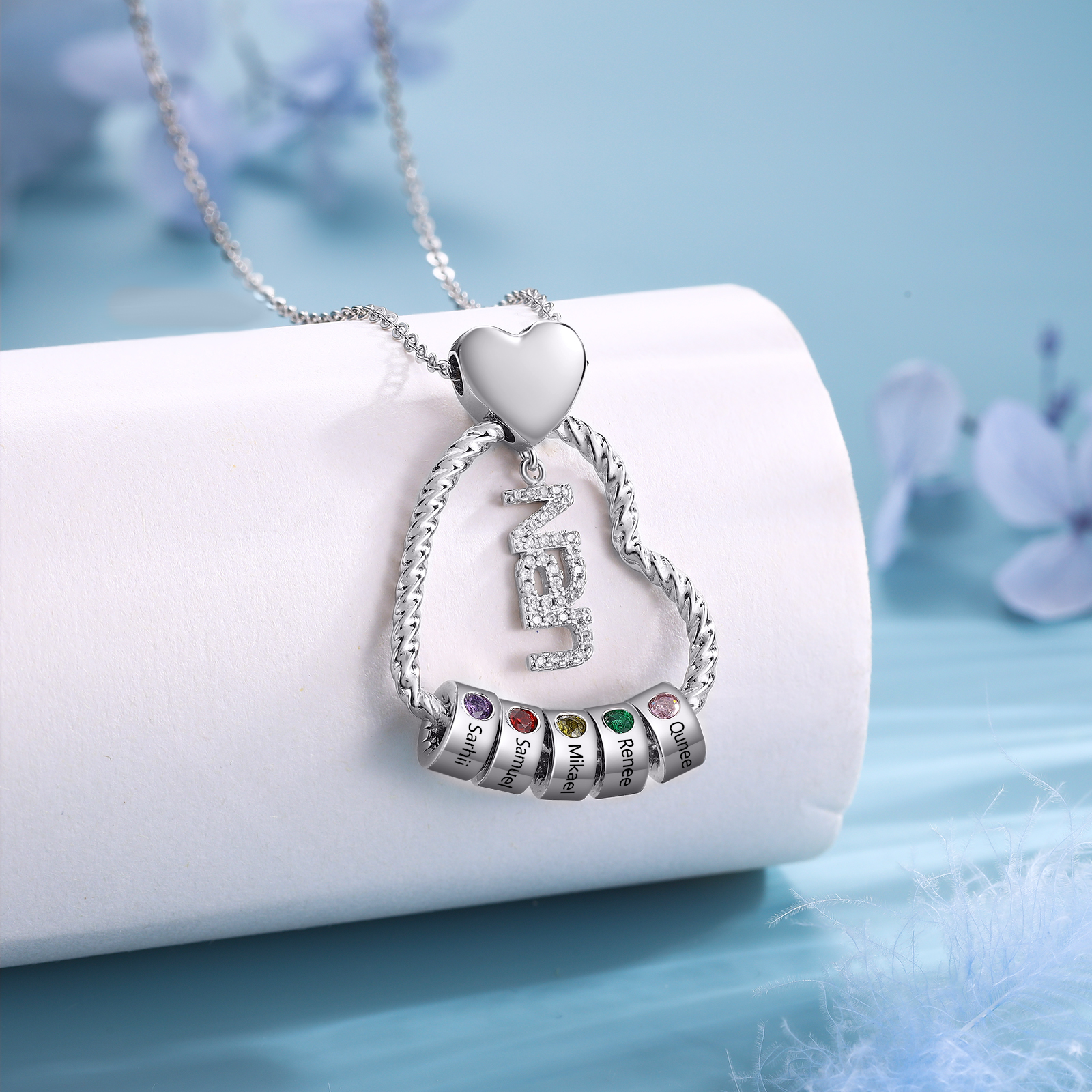 Personalised Heart Shaped Nan Necklace Customized With 5 Names and 5 Birthstones Pendant Necklace Gift for Nan | Jessmade