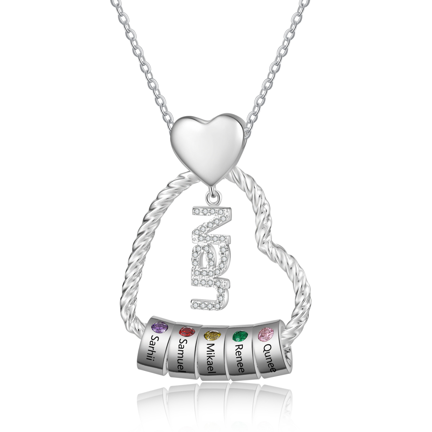 Personalised Heart Shaped Nan Necklace Customized With 5 Names and 5 B