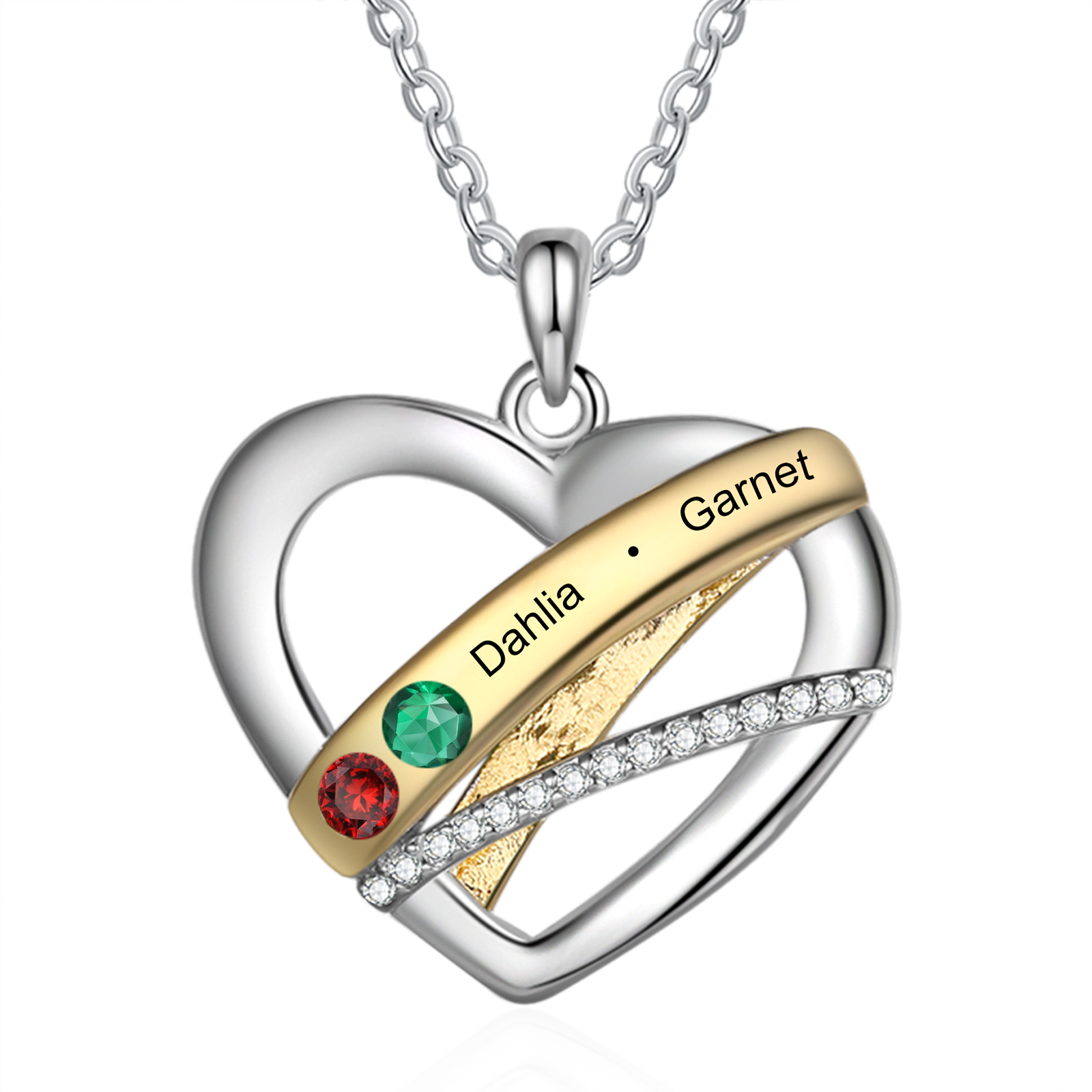 Personalised Heart Necklace Customized With 2 Birthstones and Engraved