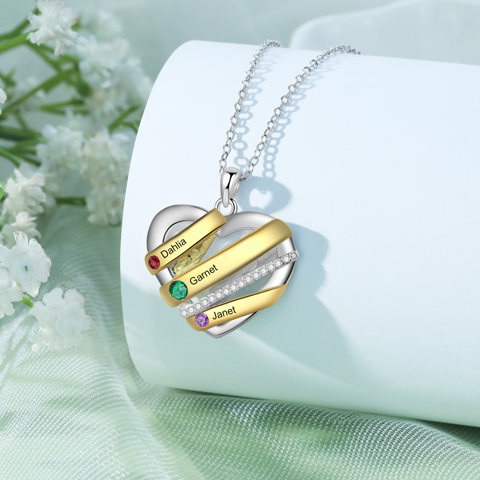 Personalised Heart Necklace Customized With 3 Birthstones and Engraved With 3 Names Jewelry Necklace for Nan | Jessmade