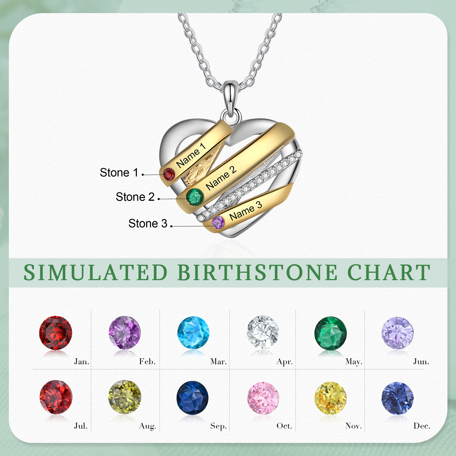 Personalised Heart Necklace Customized With 3 Birthstones and Engraved With 3 Names Jewelry Necklace for Nan | Jessmade