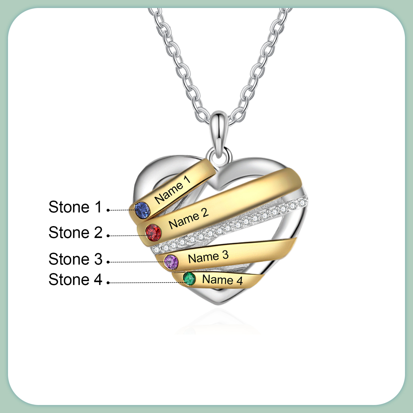 Personalised Heart Necklace Customized With 4 Birthstones and Engraved With 4 Names Jewelry Necklace for Nan | Jessmade