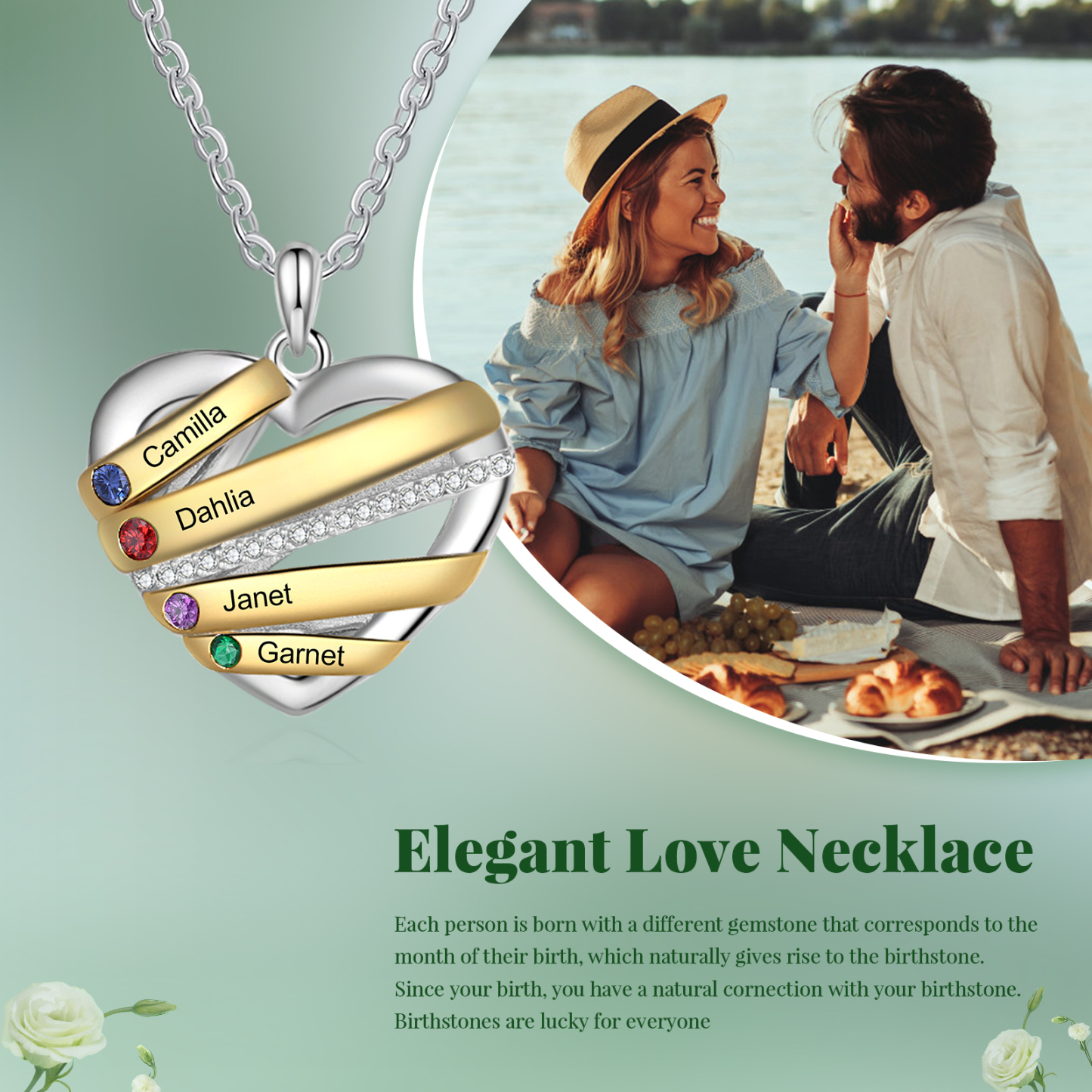 Personalised Heart Necklace Customized With 4 Birthstones and Engraved With 4 Names Jewelry Necklace for Nan | Jessmade