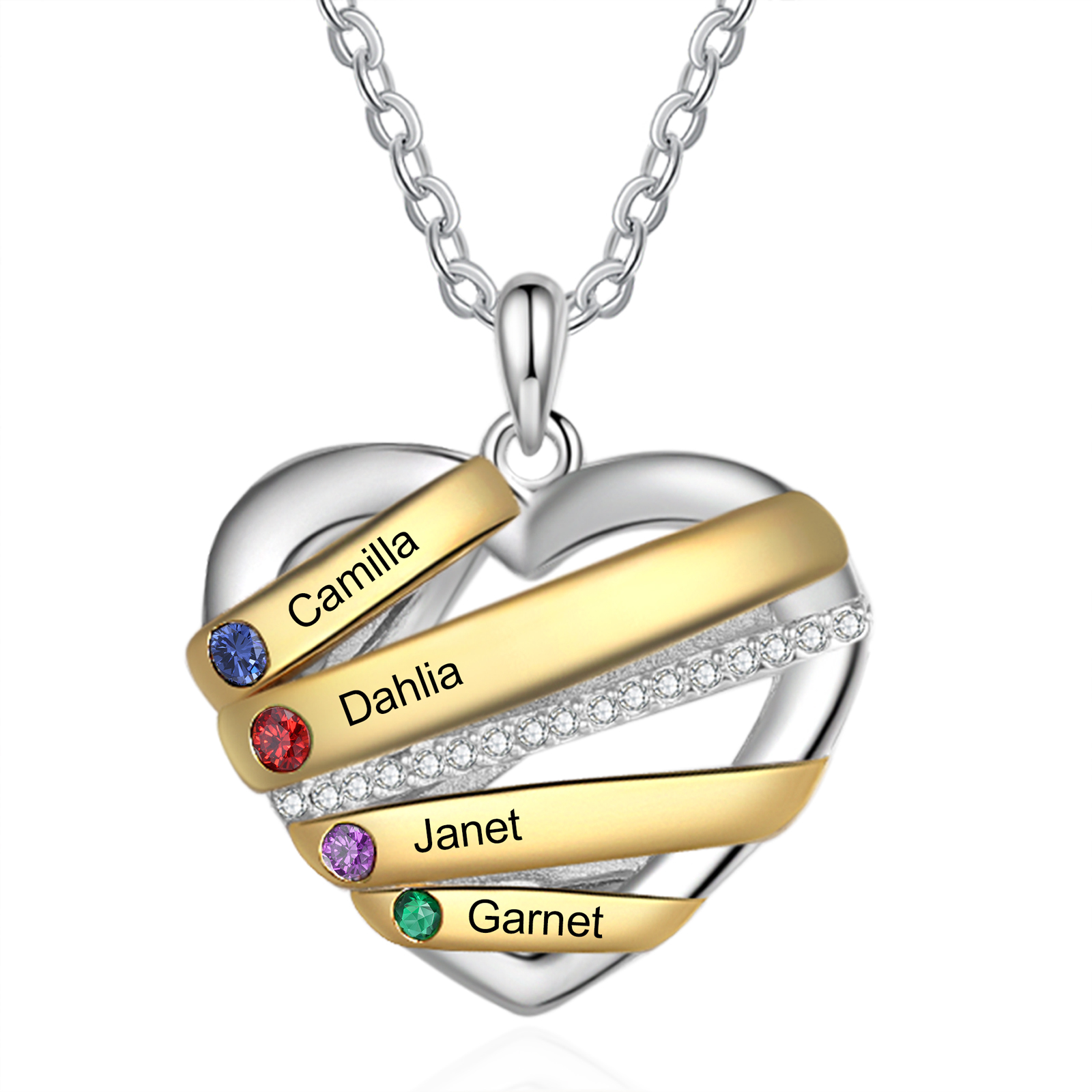 Personalised Heart Necklace Customized With 4 Birthstones and Engraved