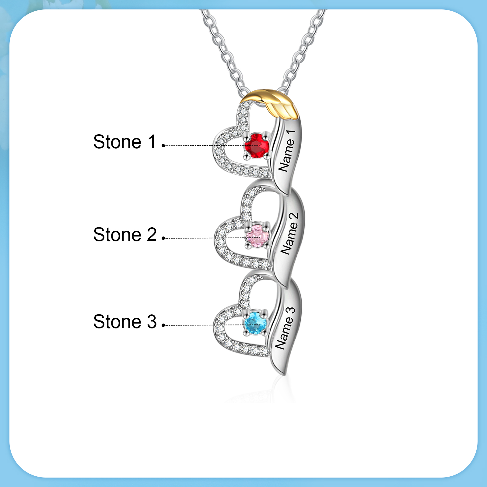Personalized Heart Necklace, Customized 3 Names and 3 Birthstones Women's Pendant Necklace Gift for Grandma | Jessmade