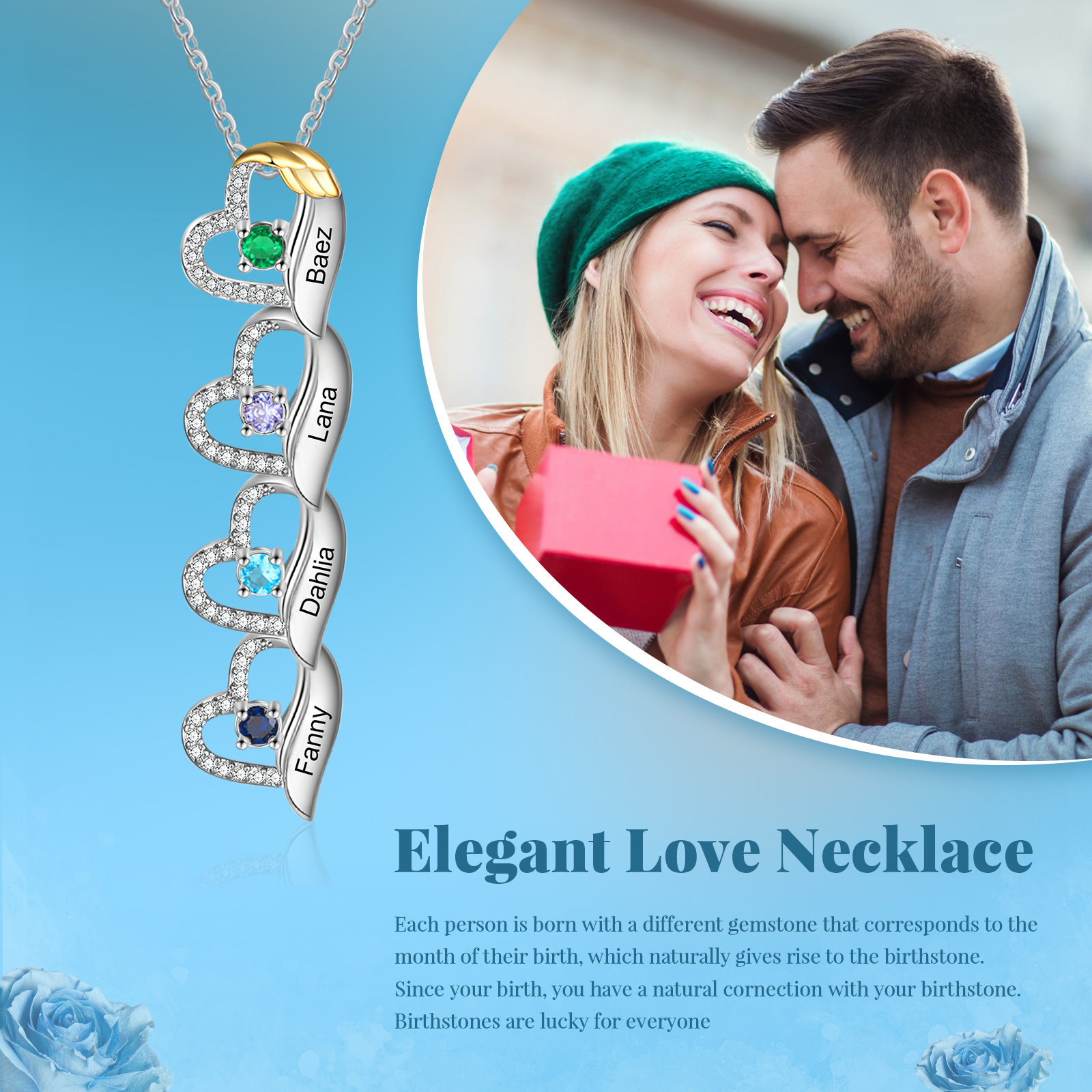 Personalised Jewellery Gift Set – Custom 4 Names & 4 Birthstones Necklace and Bracelet with Elegant Heart Box | Jessemade