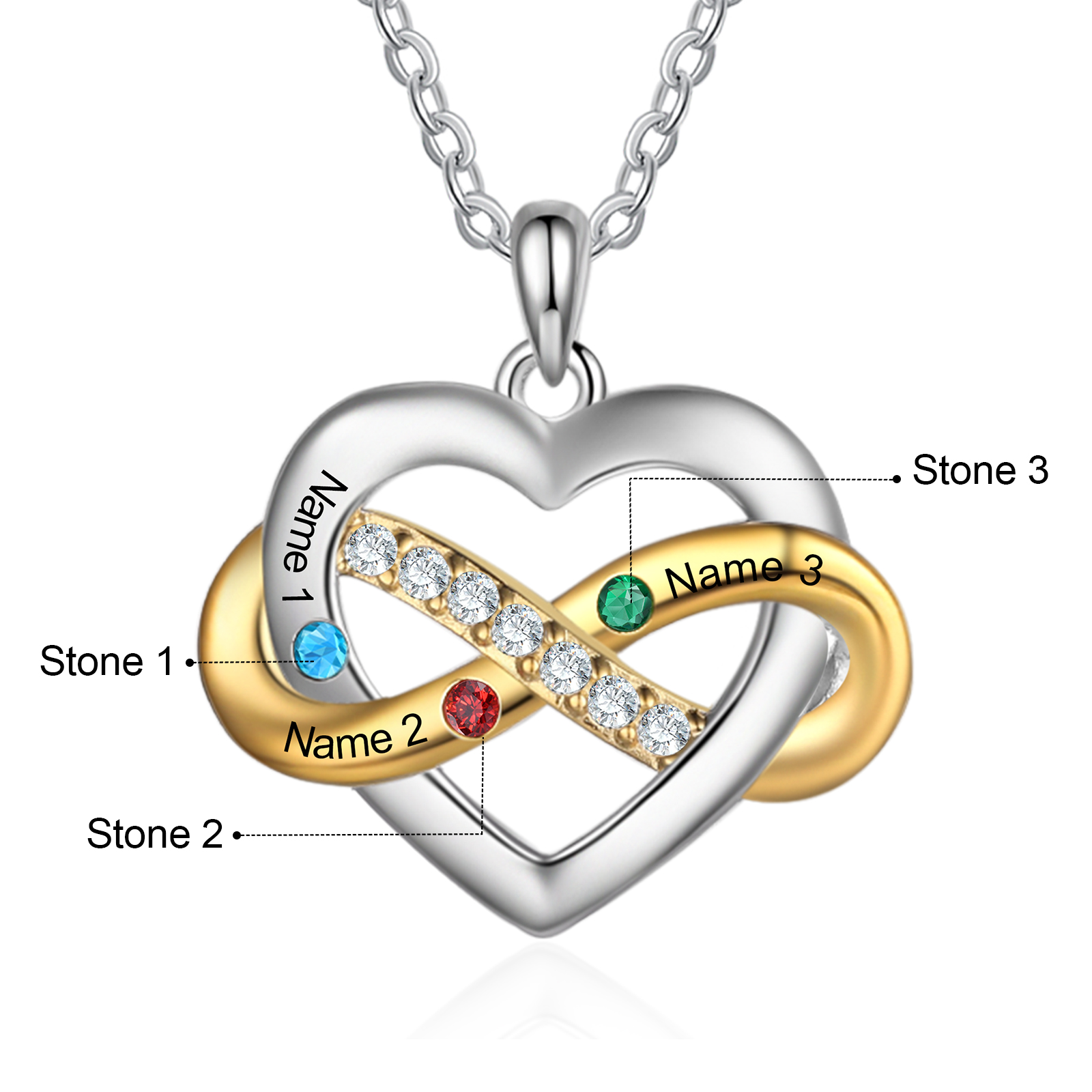 Personalised Love Necklace Customized With 3 Names and 3 Birthstones Women's Necklace Gift for Nan | Jessmade