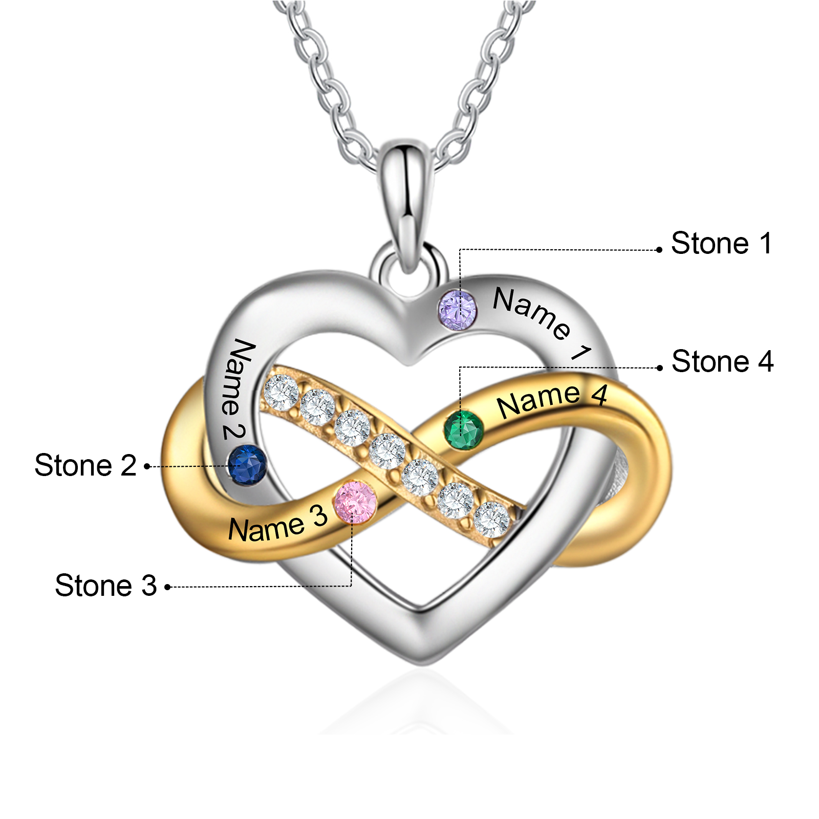 Personalised Love Necklace Customized With 4 Names and 4 Birthstones Women's Necklace Gift for Nan | Jessmade
