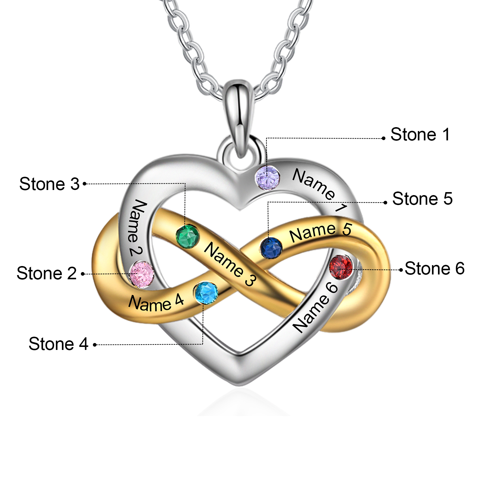 Personalised Love Necklace Customized With 6 Names and 6 Birthstones Women's Necklace Gift for Nan | Jessmade