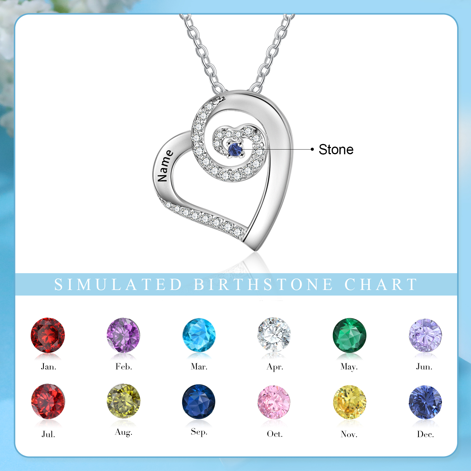 Personalized Heart Necklace Custom 1 Name and 1 Birthstone Women's Stacked Necklace Gift for Grandma | Jessmade