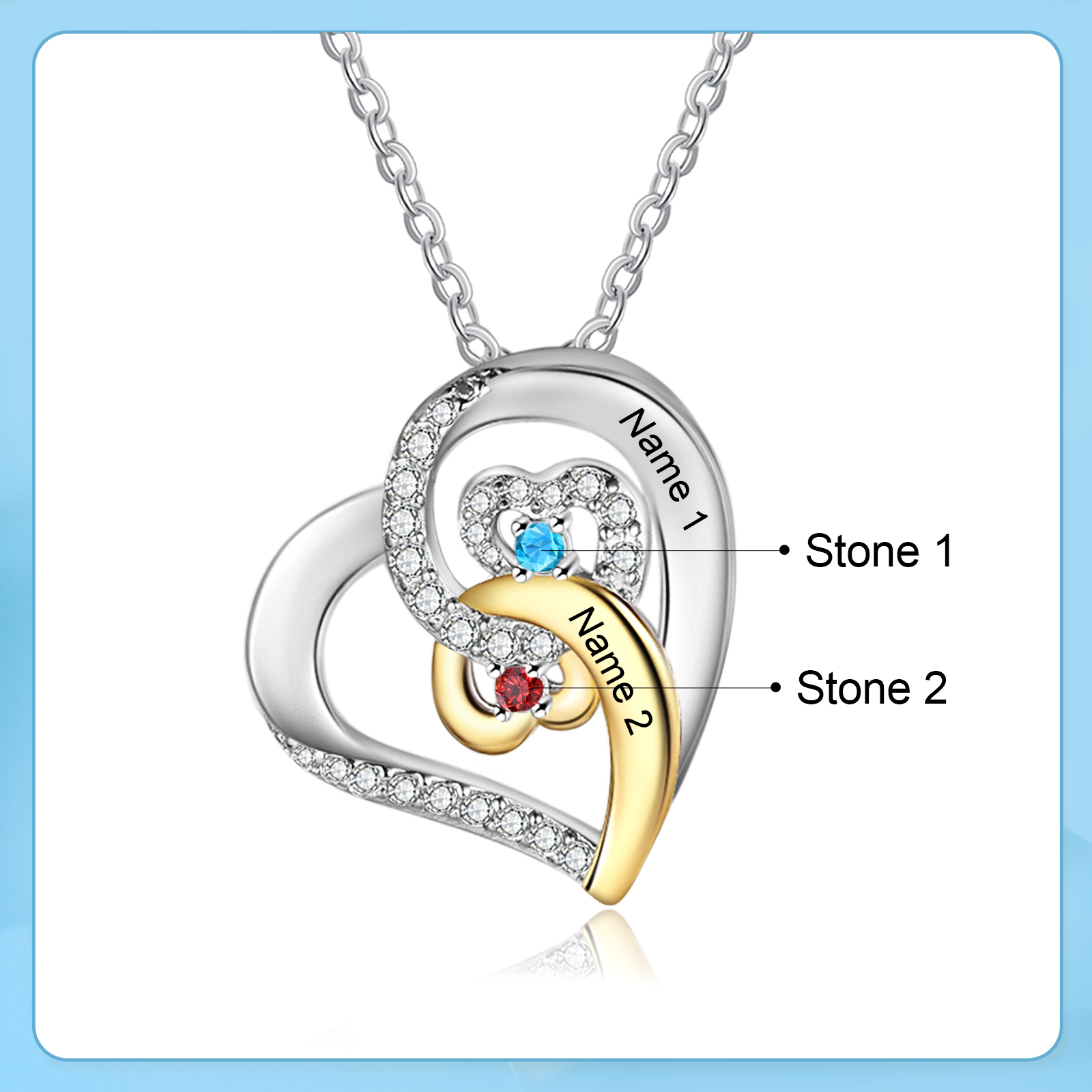 Personalized Heart Necklace Custom 2 Names and 2 Birthstones Women's Stacked Necklace Gift for Grandma | Jessmade
