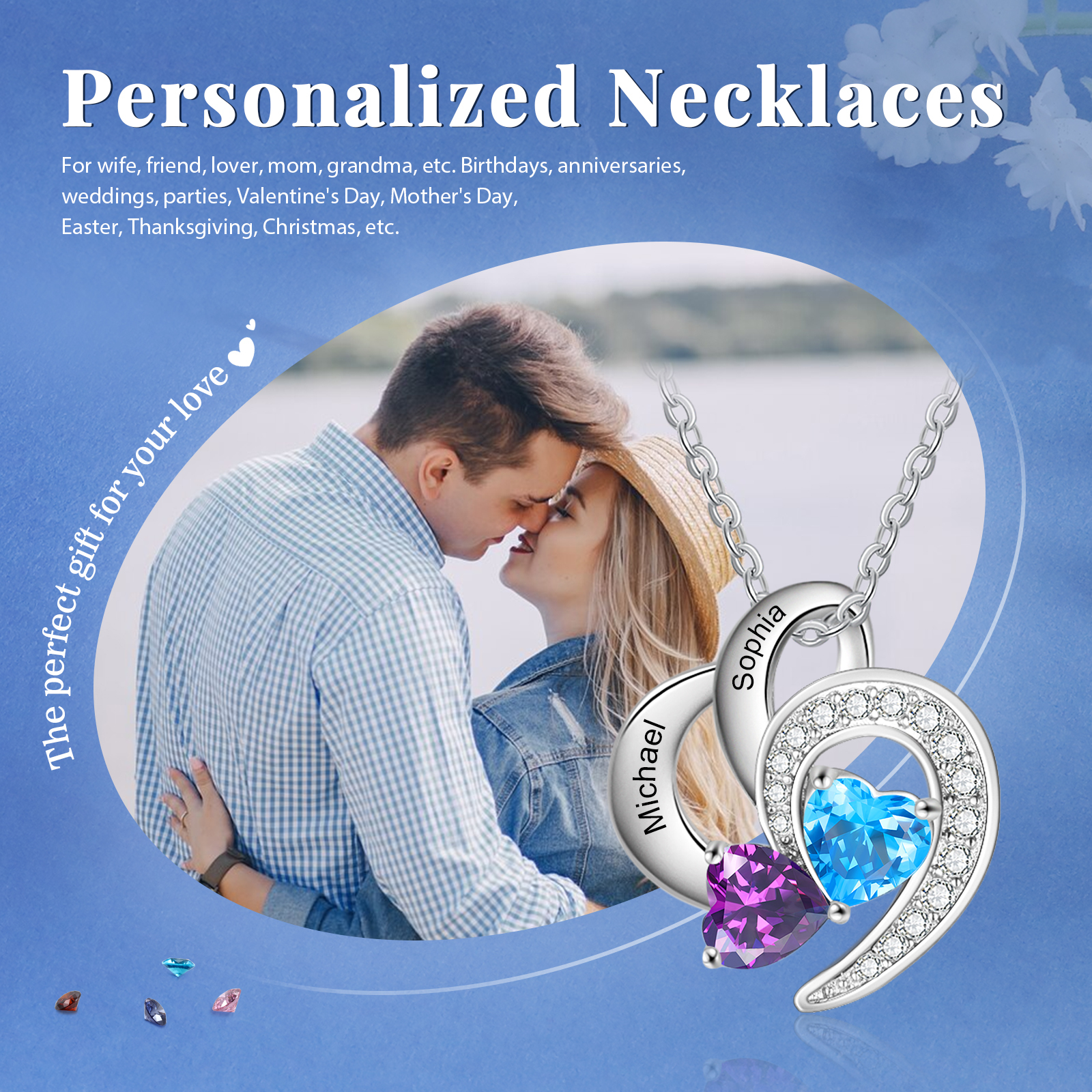 Personalised Heart Shaped Necklace Customized With 2 Names and 2 Birthstones Necklace for Nan | Jessmade
