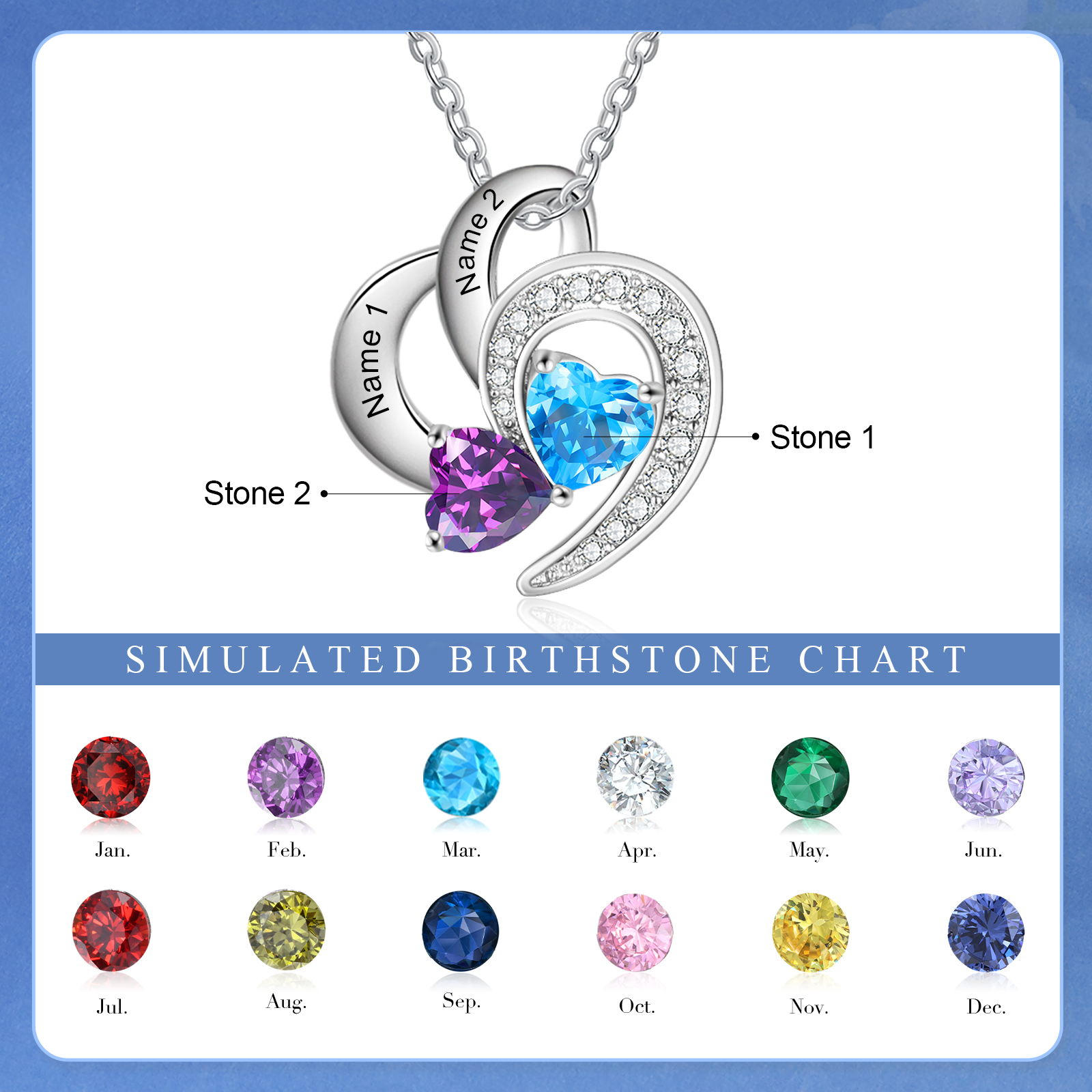 Personalised Heart Shaped Necklace Customized With 2 Names and 2 Birthstones Necklace for Nan | Jessmade