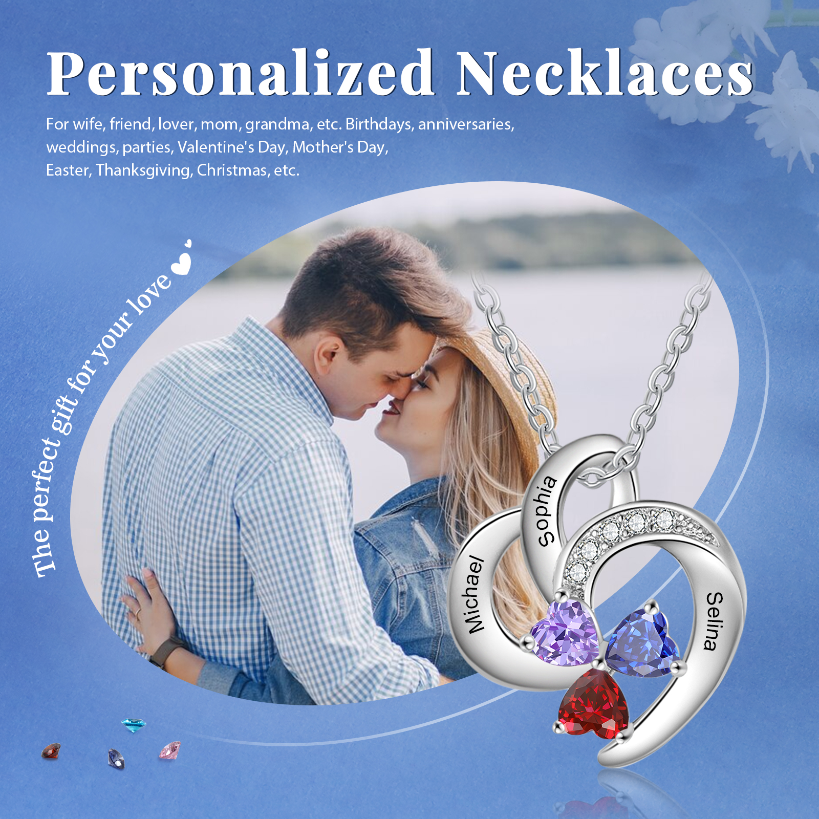 Personalised Heart Shaped Necklace Customized With 3 Names and 3 Birthstones Necklace for Nan | Jessmade