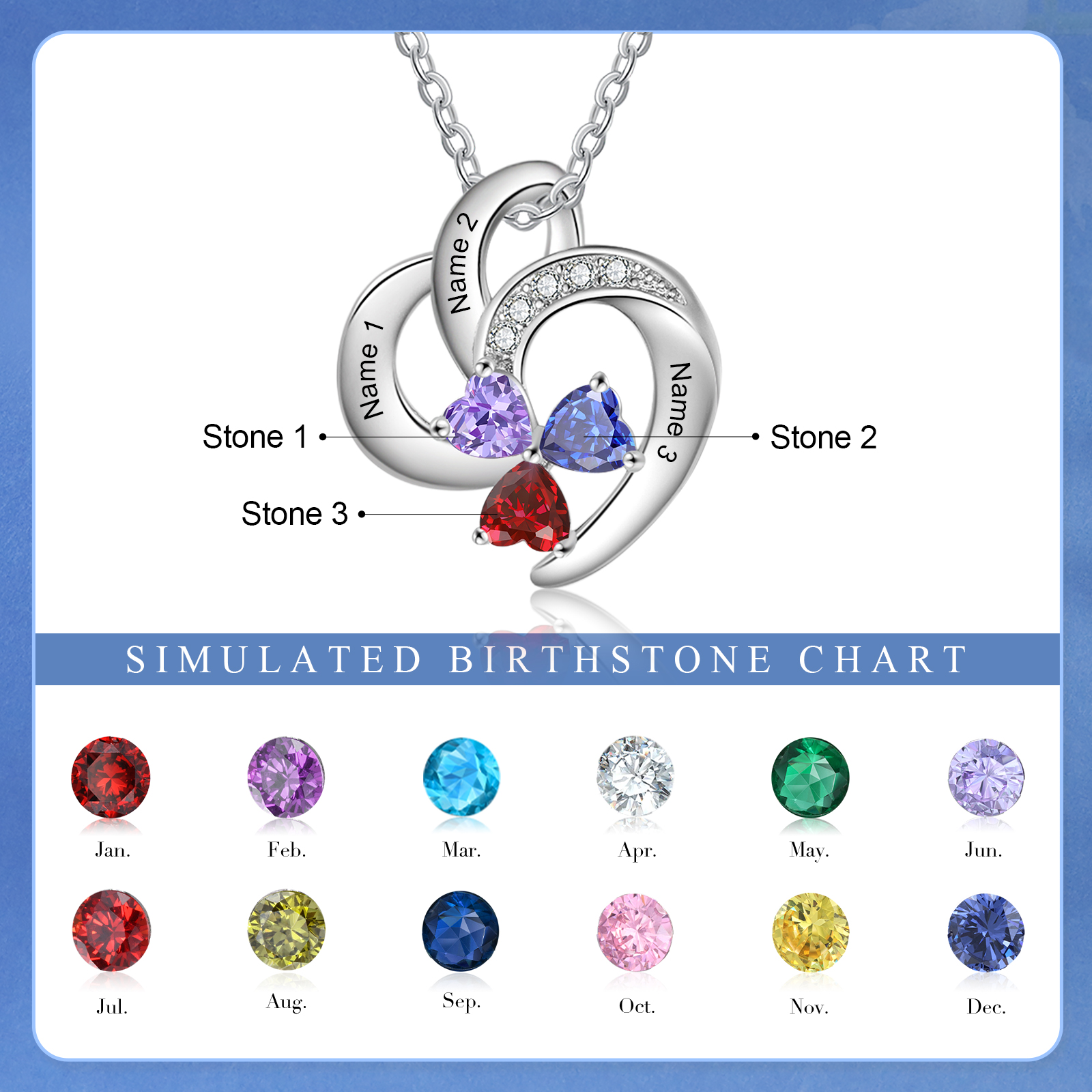 Personalised Heart Shaped Necklace Customized With 3 Names and 3 Birthstones Necklace for Nan | Jessmade