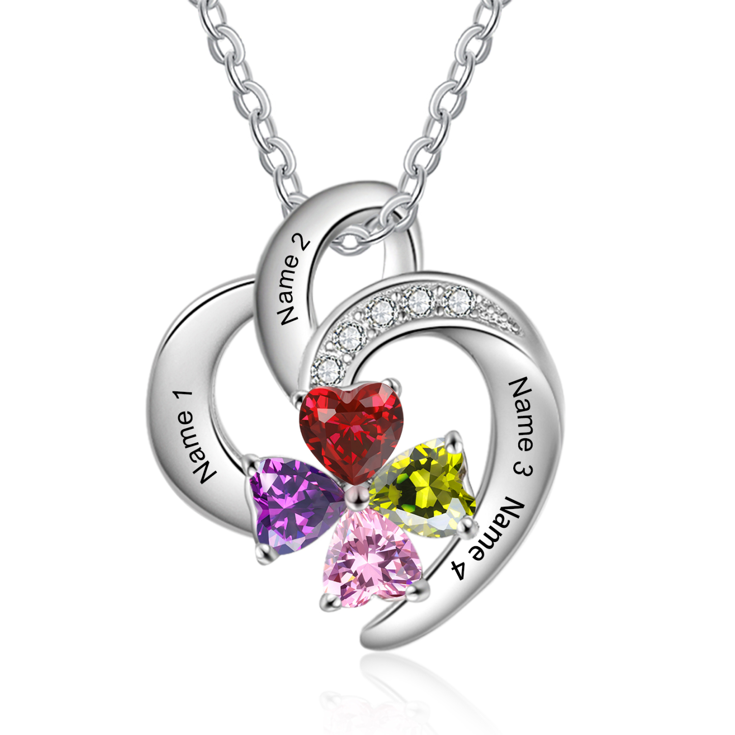 Personalised Heart Shaped Necklace Customized With 4 Names and 4 Birthstones Necklace for Nan | Jessmade