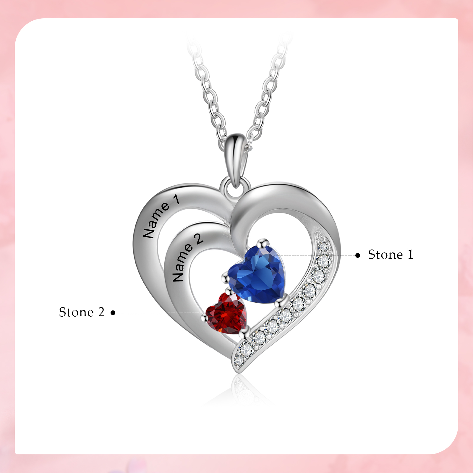 Personalised Heart Birthstone Necklac Custom 2 Names and 2 Birthstones Women's Necklace Gift for Nan | Jessmade