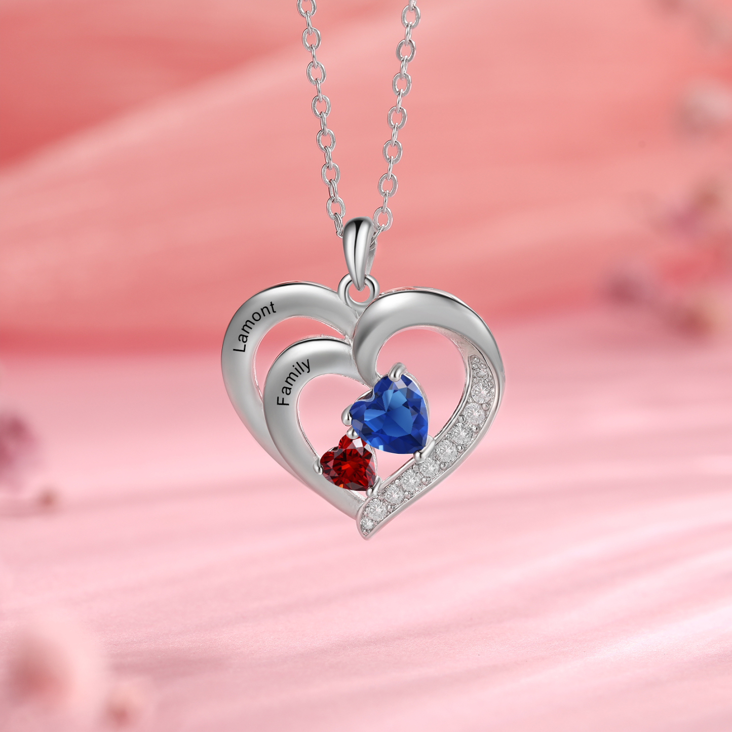 Personalised Heart Birthstone Necklac Custom 2 Names and 2 Birthstones Women's Necklace Gift for Nan | Jessmade