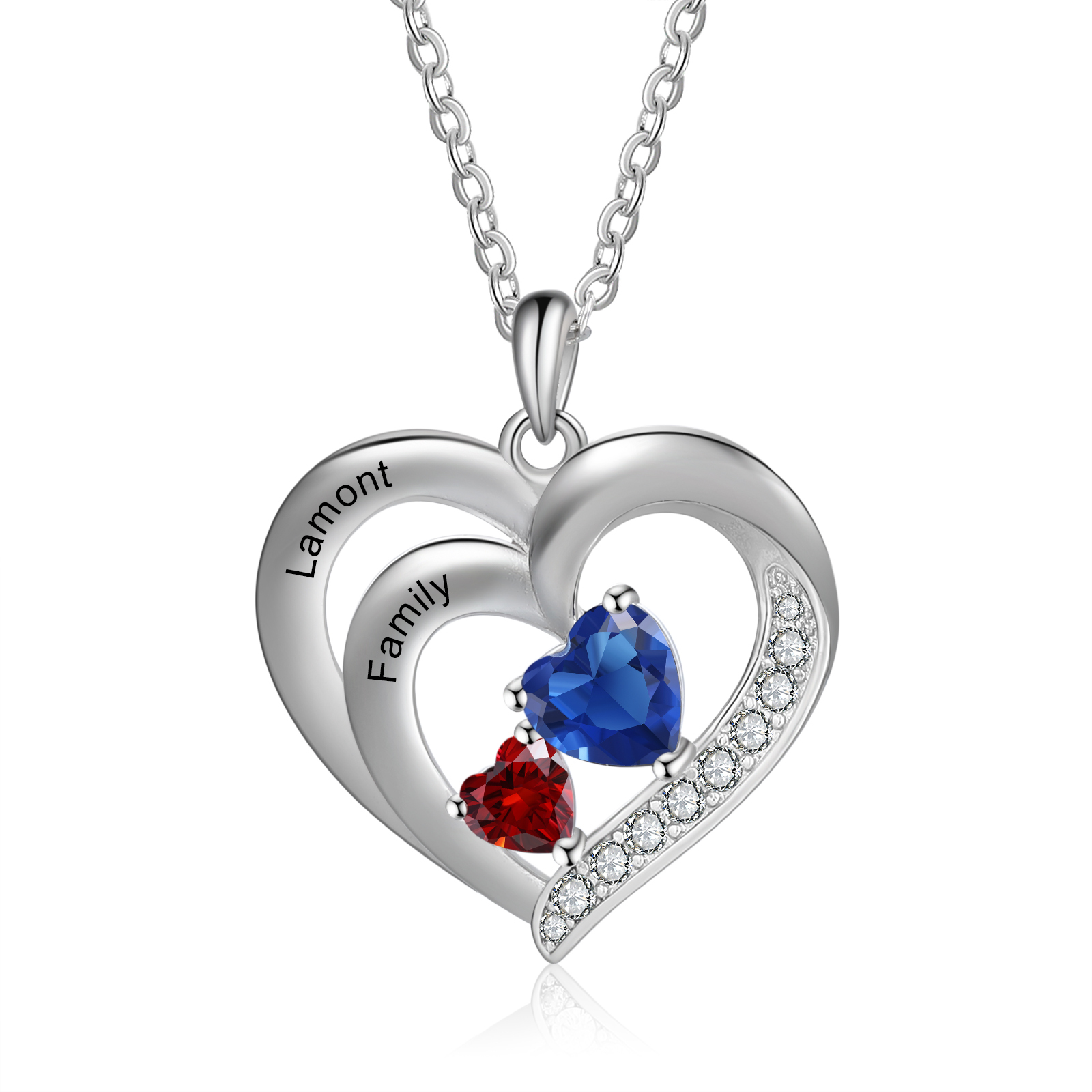 Personalised Heart Birthstone Necklac Custom 2 Names and 2 Birthstones
