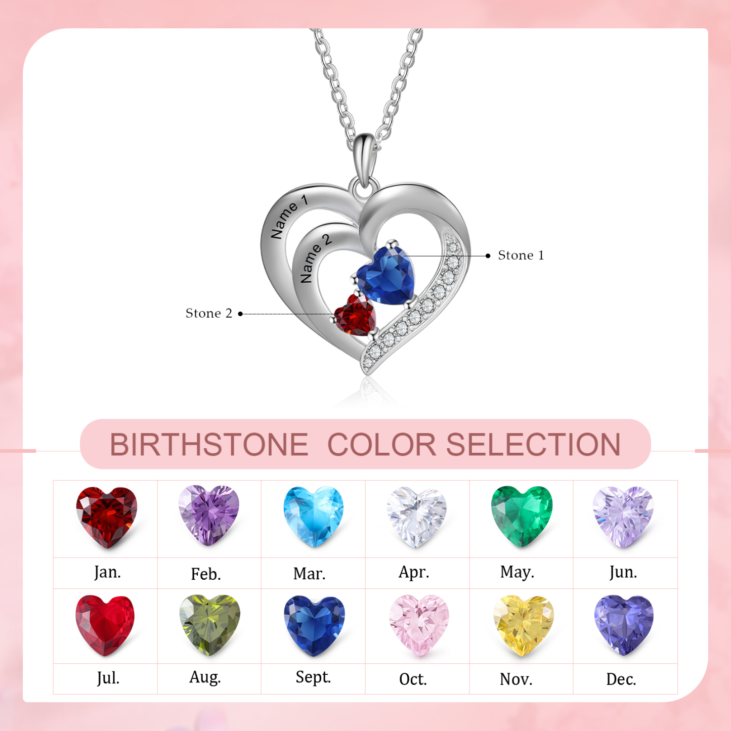 Personalised Heart Birthstone Necklac Custom 2 Names and 2 Birthstones Women's Necklace Gift for Nan | Jessmade