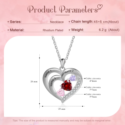 Personalised Heart Birthstone Necklac Custom 3 Names and 3 Birthstones Women's Necklace Gift for Nan | Jessmade