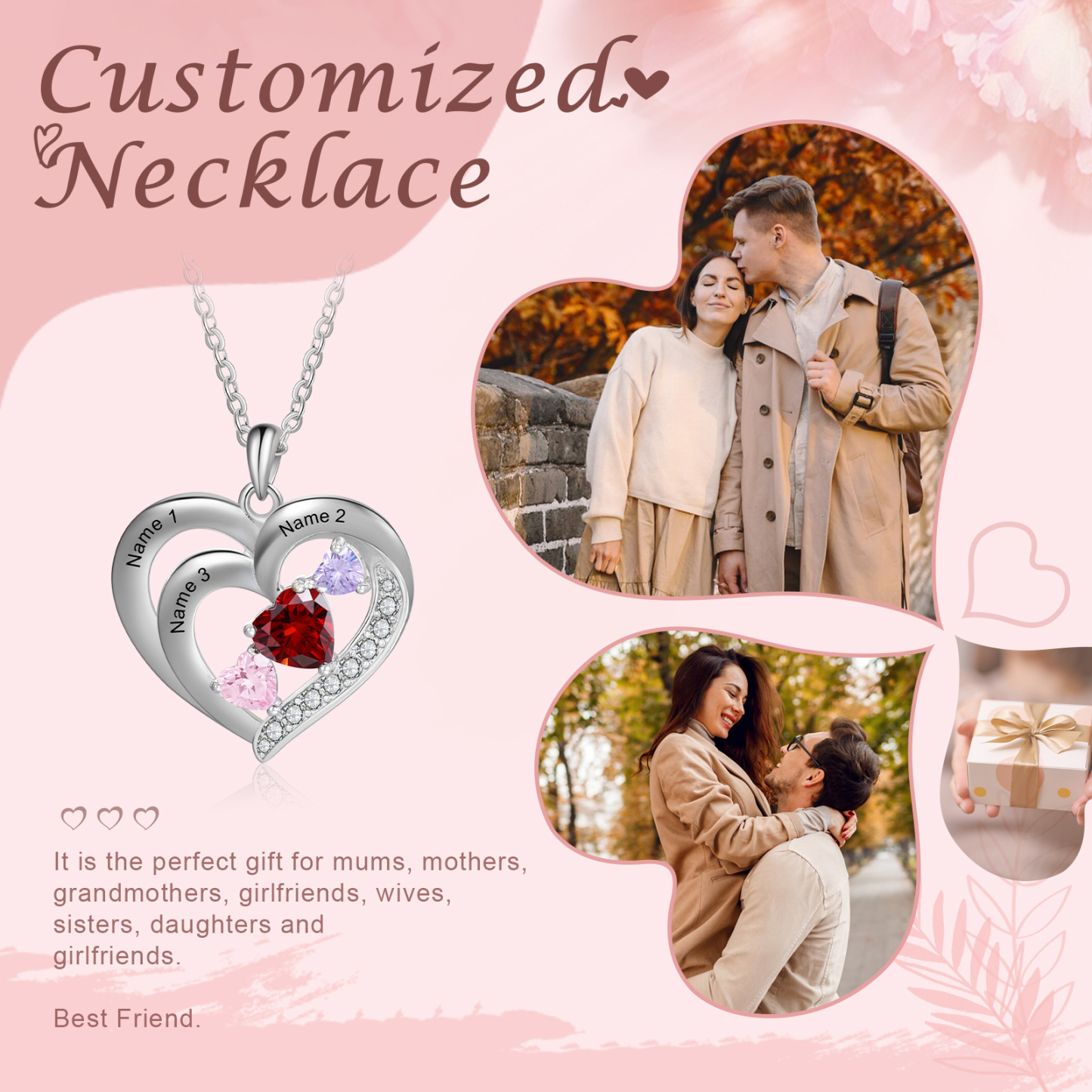 Personalised Heart Birthstone Necklac Custom 3 Names and 3 Birthstones Women's Necklace Gift for Nan | Jessmade