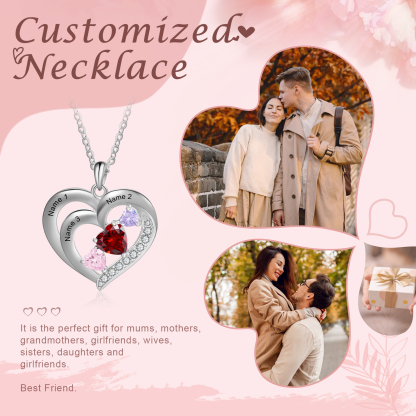 Personalised Heart Birthstone Necklac Custom 3 Names and 3 Birthstones Women's Necklace Gift for Nan | Jessmade