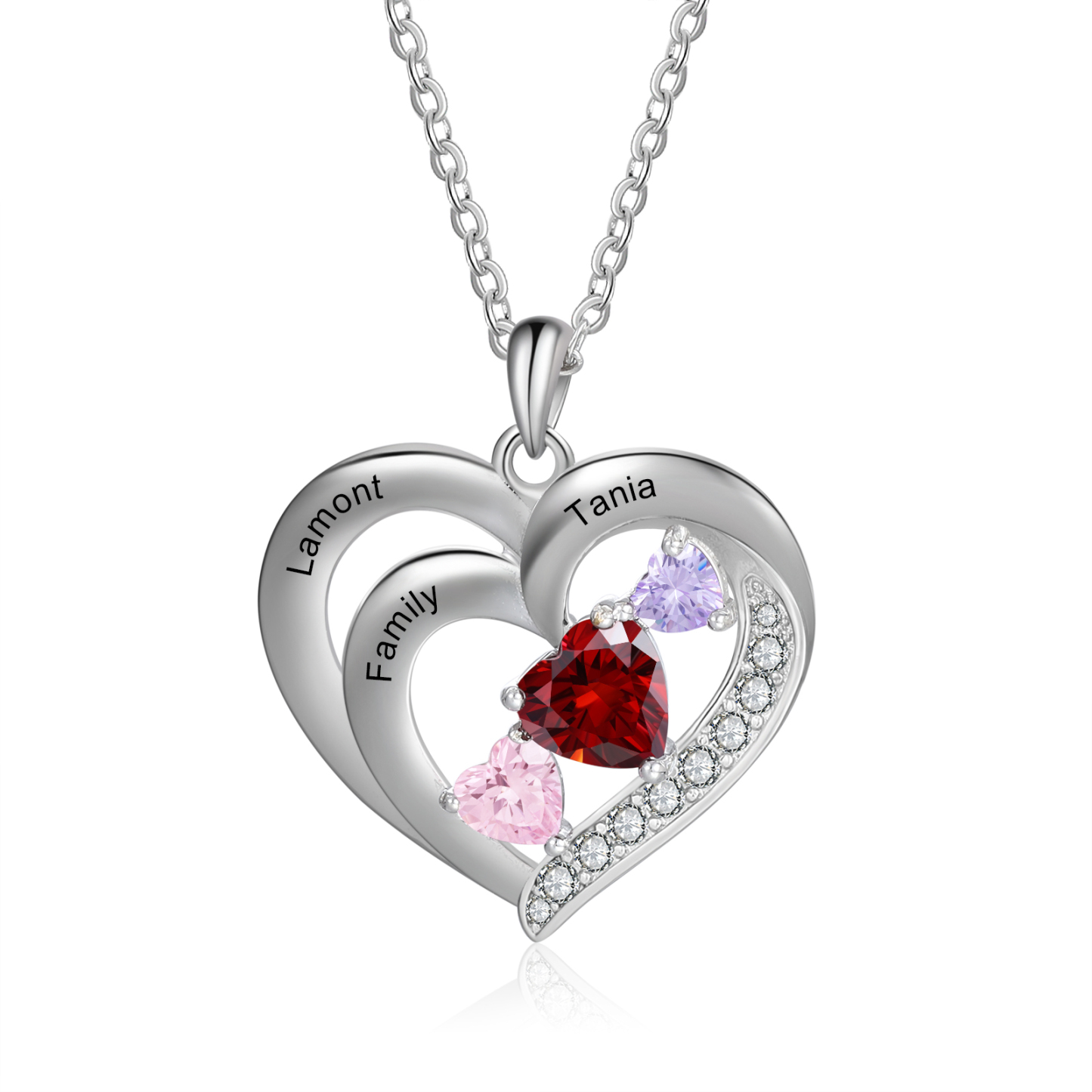 Personalised Heart Birthstone Necklac Custom 3 Names and 3 Birthstones