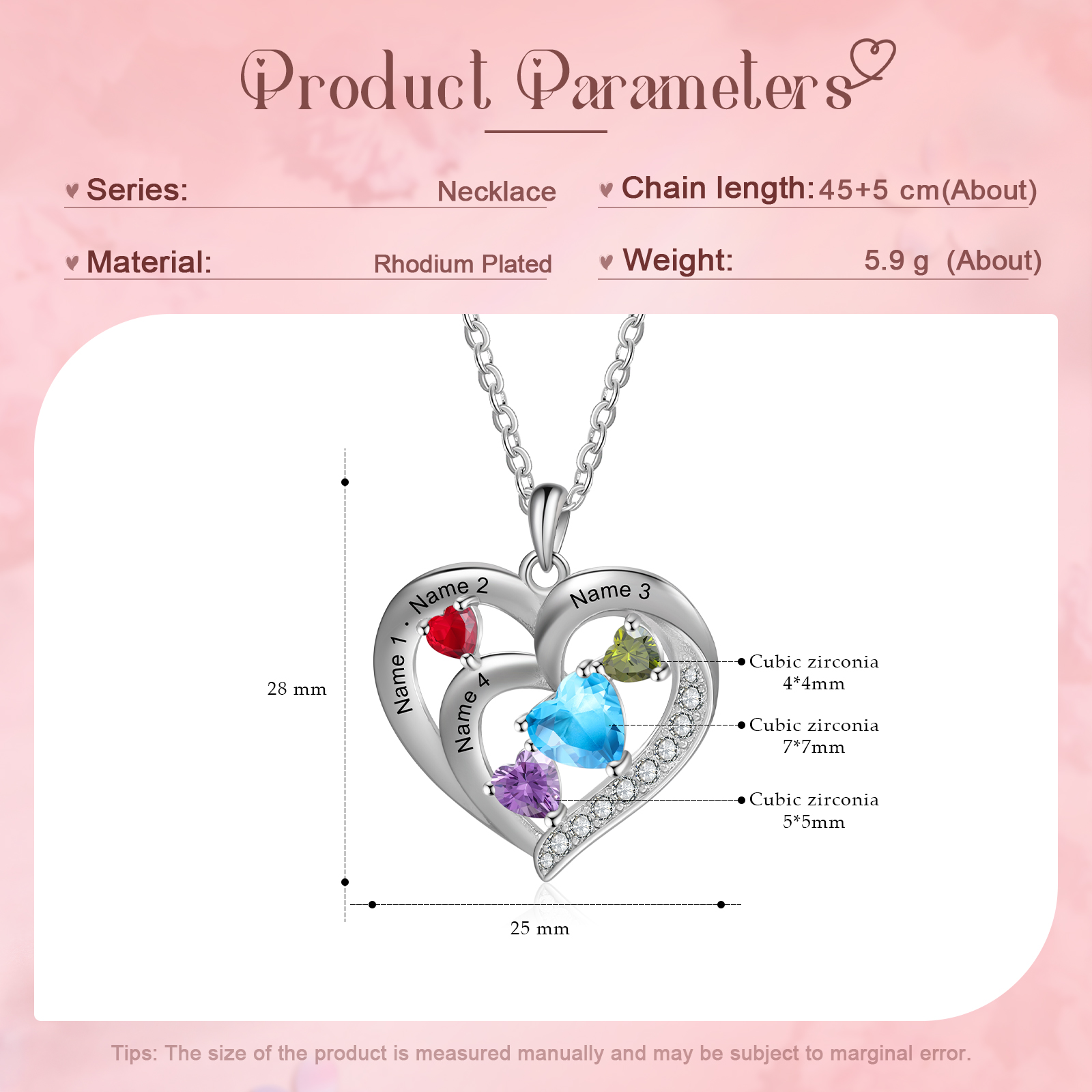 Personalised Heart Birthstone Necklac Custom 4 Names and 4 Birthstones Women's Necklace Gift for Nan | Jessmade